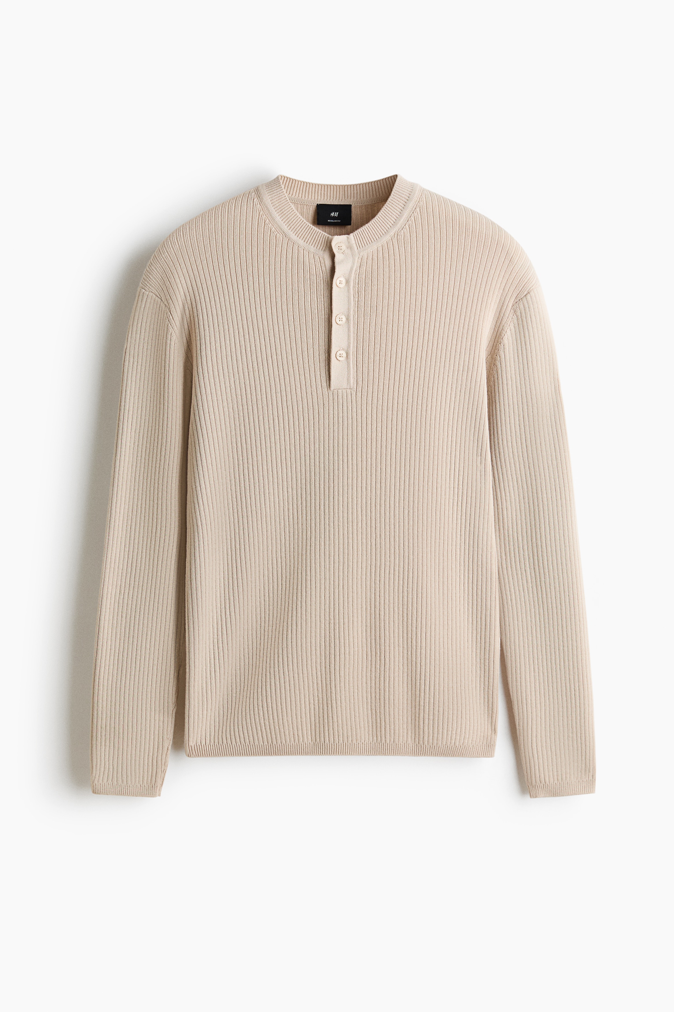 Slim Fit Ribbed Henley top - Light beige/Dark brown/Black