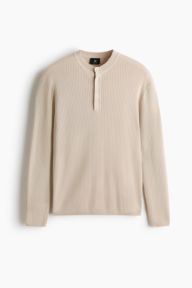 Slim Fit Ribbed Henley top - Light beige/Dark brown/Black - 1