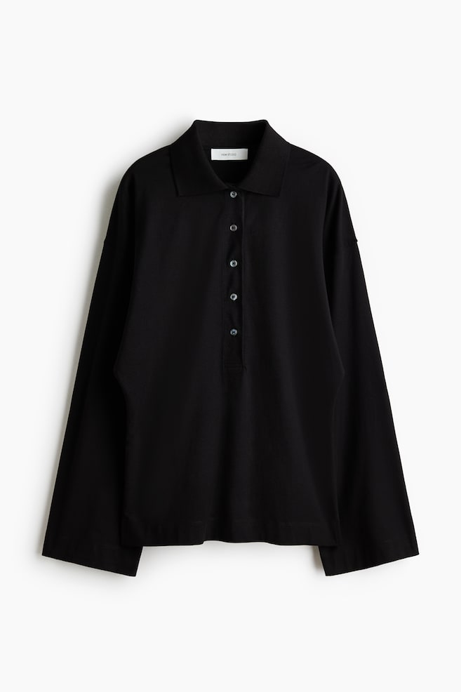 Katoenen poloshirt met lange mouwen - Zwart/Duifblauw - 1