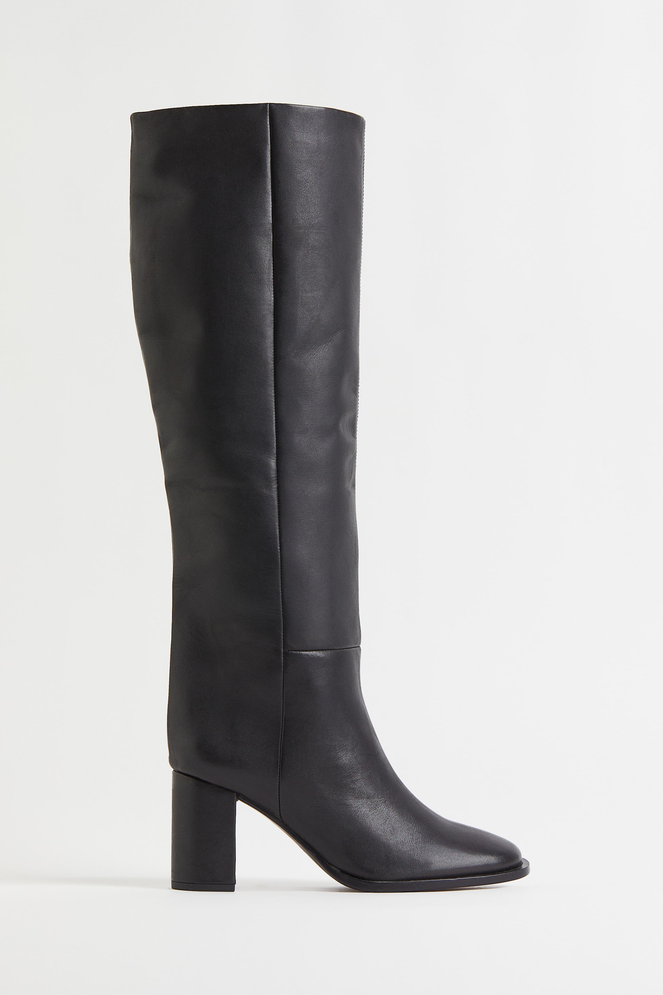 Knee-high Leather Boots - High Heel - Black - Ladies 