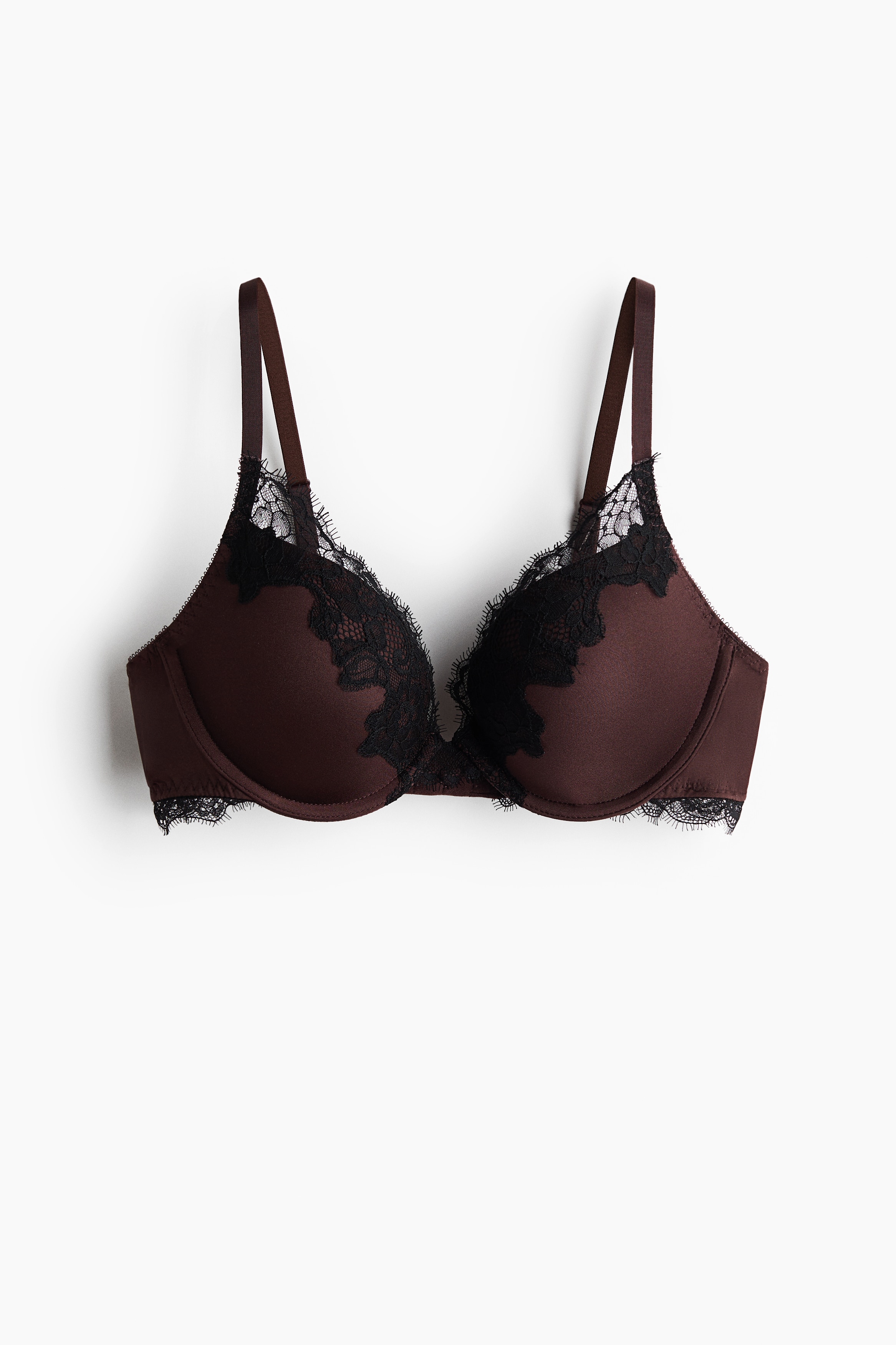 Microfiber and Lace Push-Up Bra - Dark brown/black/Dark brown/dusty pink