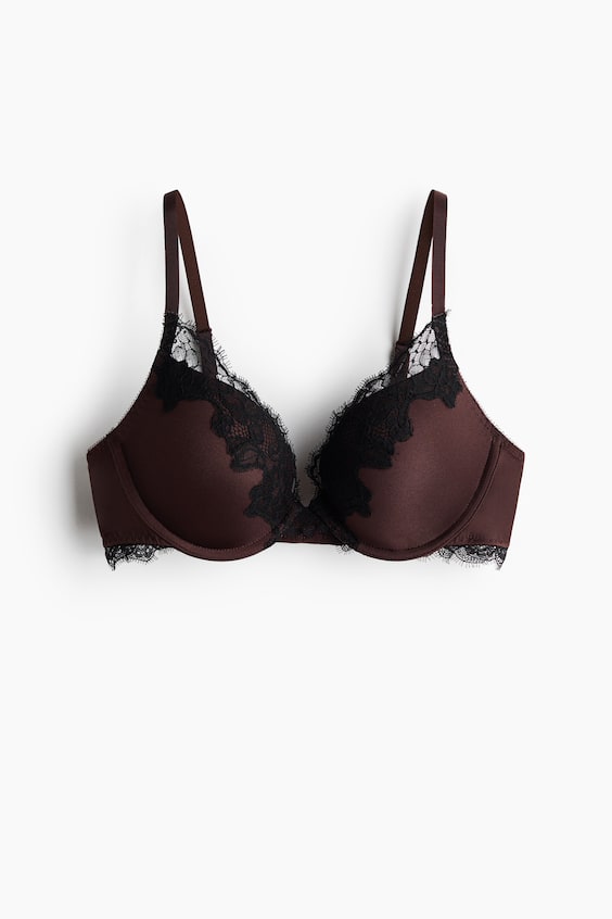 Бра пуш-ап, кружево, микрофибра — H&M, цвет: Тёмный коричневый / Чёрный