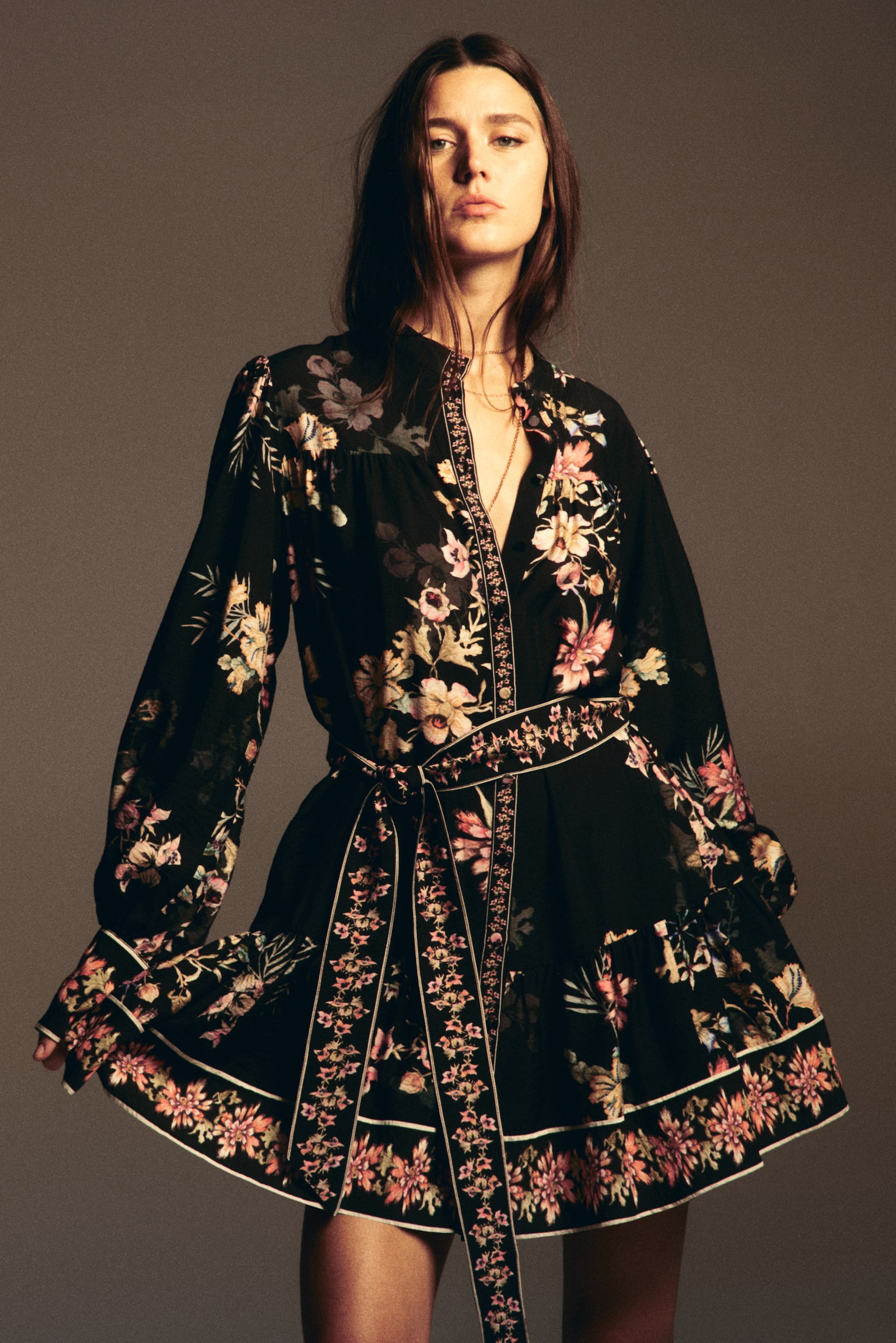 Tie-belt tunic dress - Black/Floral/Dark blue/Paisley pattern - 1