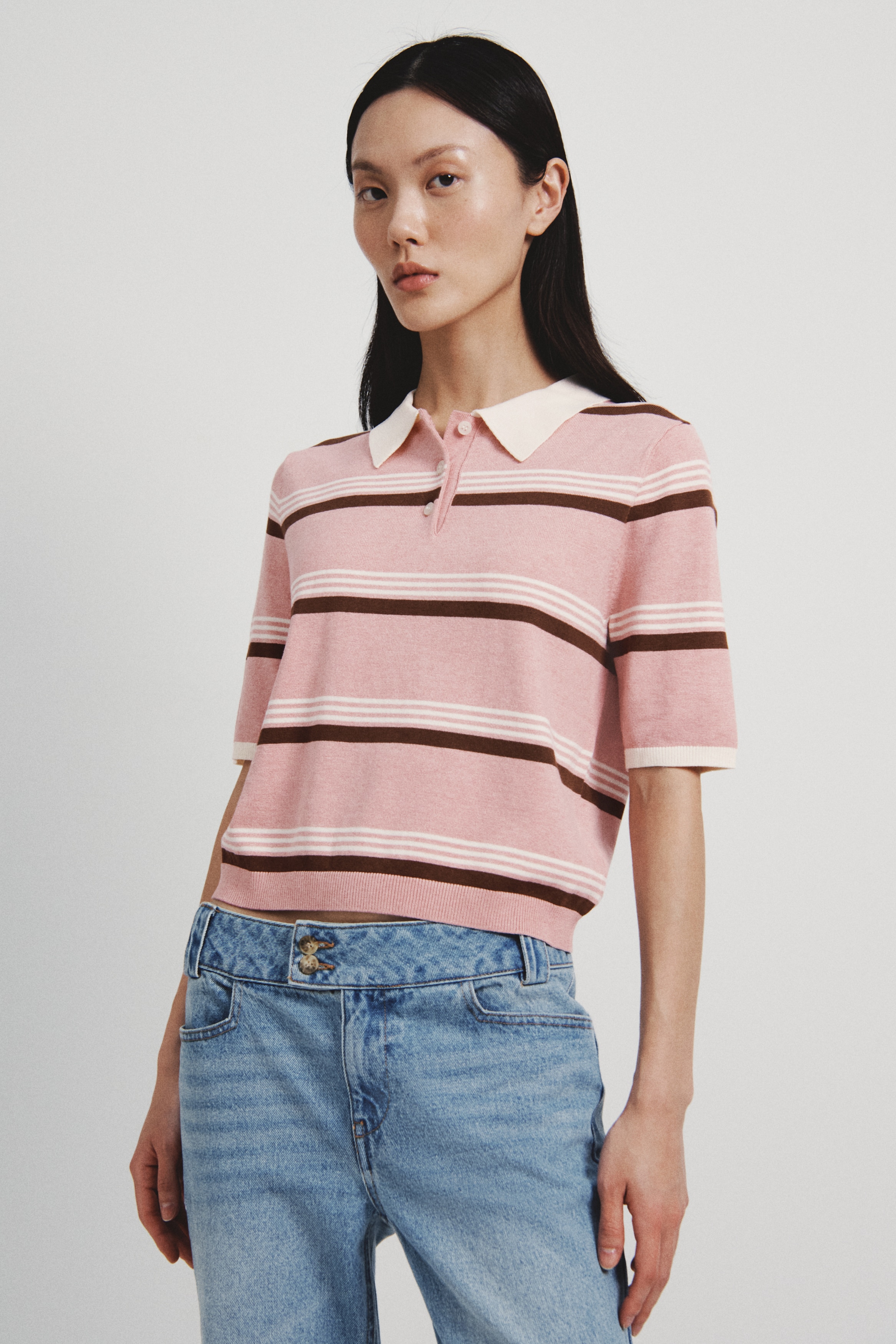 Fine-knit polo shirt - Pink marl/Striped/Light yellow/Striped