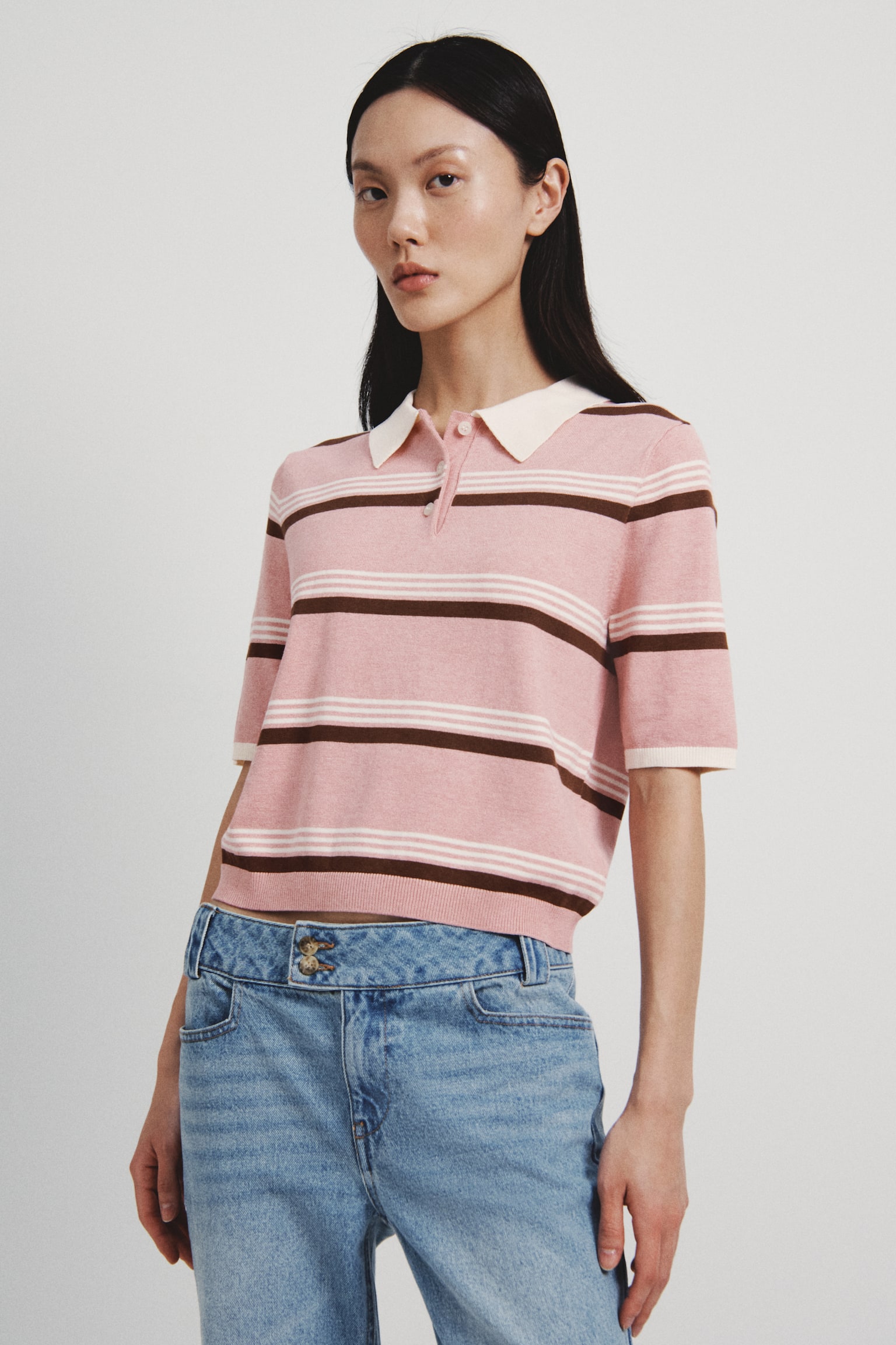 Fine-knit polo shirt - Pink marl/Striped/Light yellow/Striped - 2
