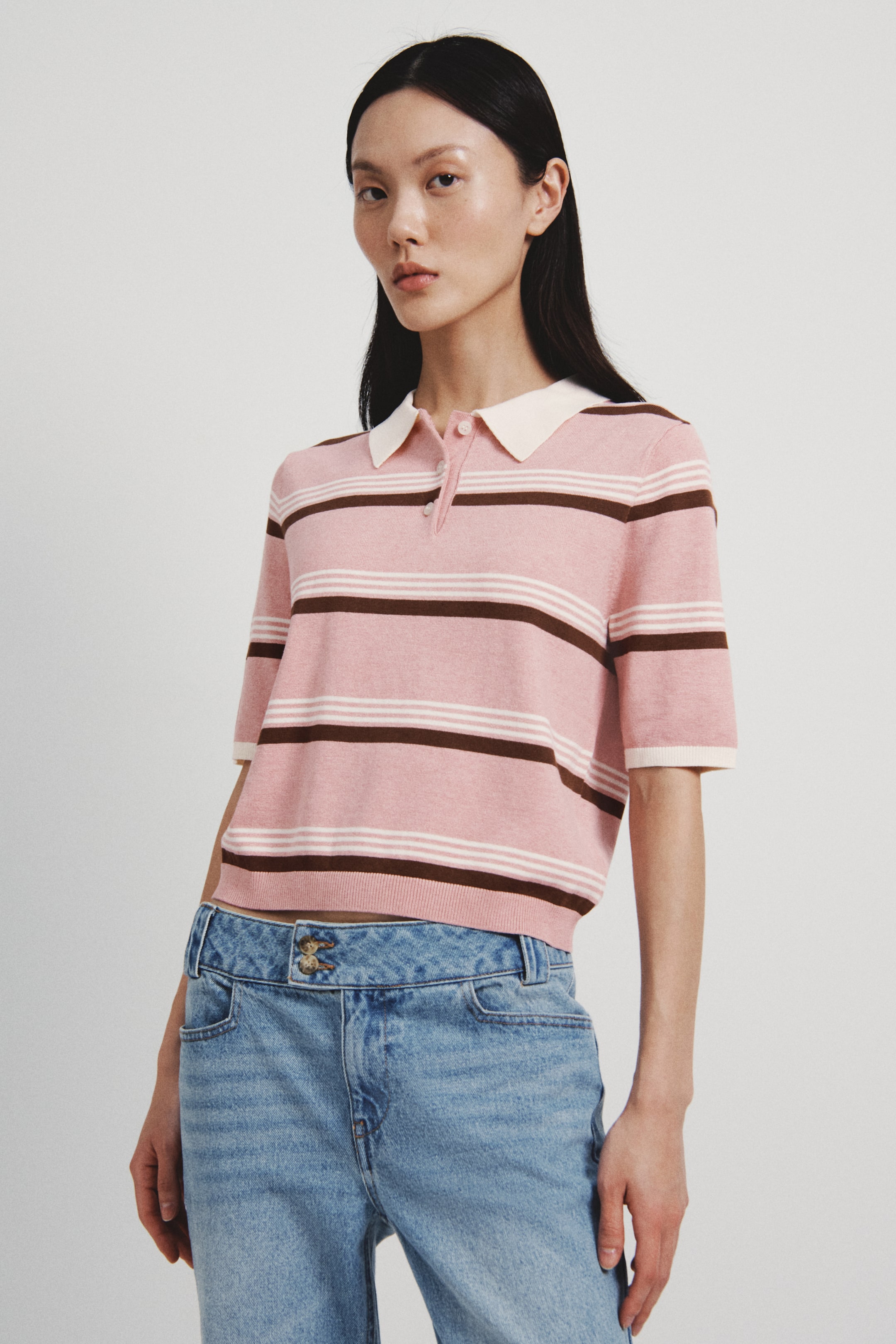 Xem ảnh lớn hơn: Áo polo dệt kim mịn - Màu hồng đốm/Kẻ - Ladies | H&M VN 1