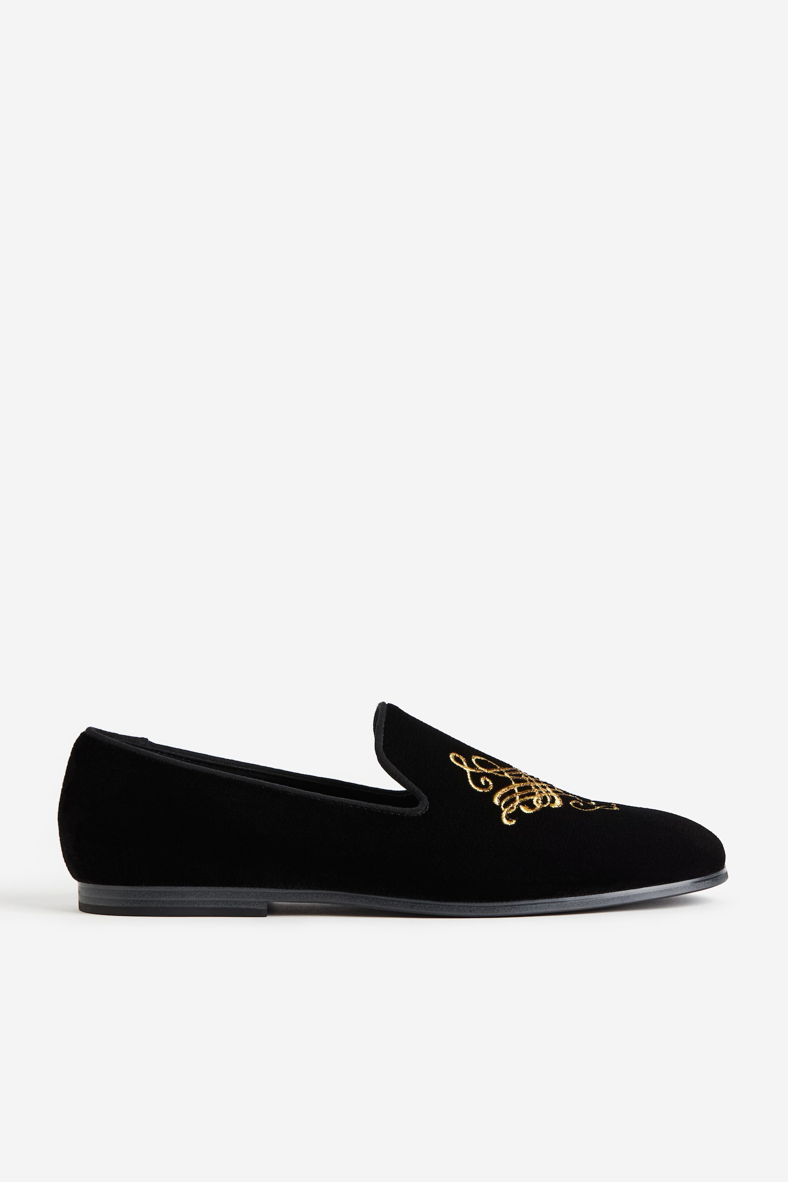 Embroidered Velour Loafers - Black - 1