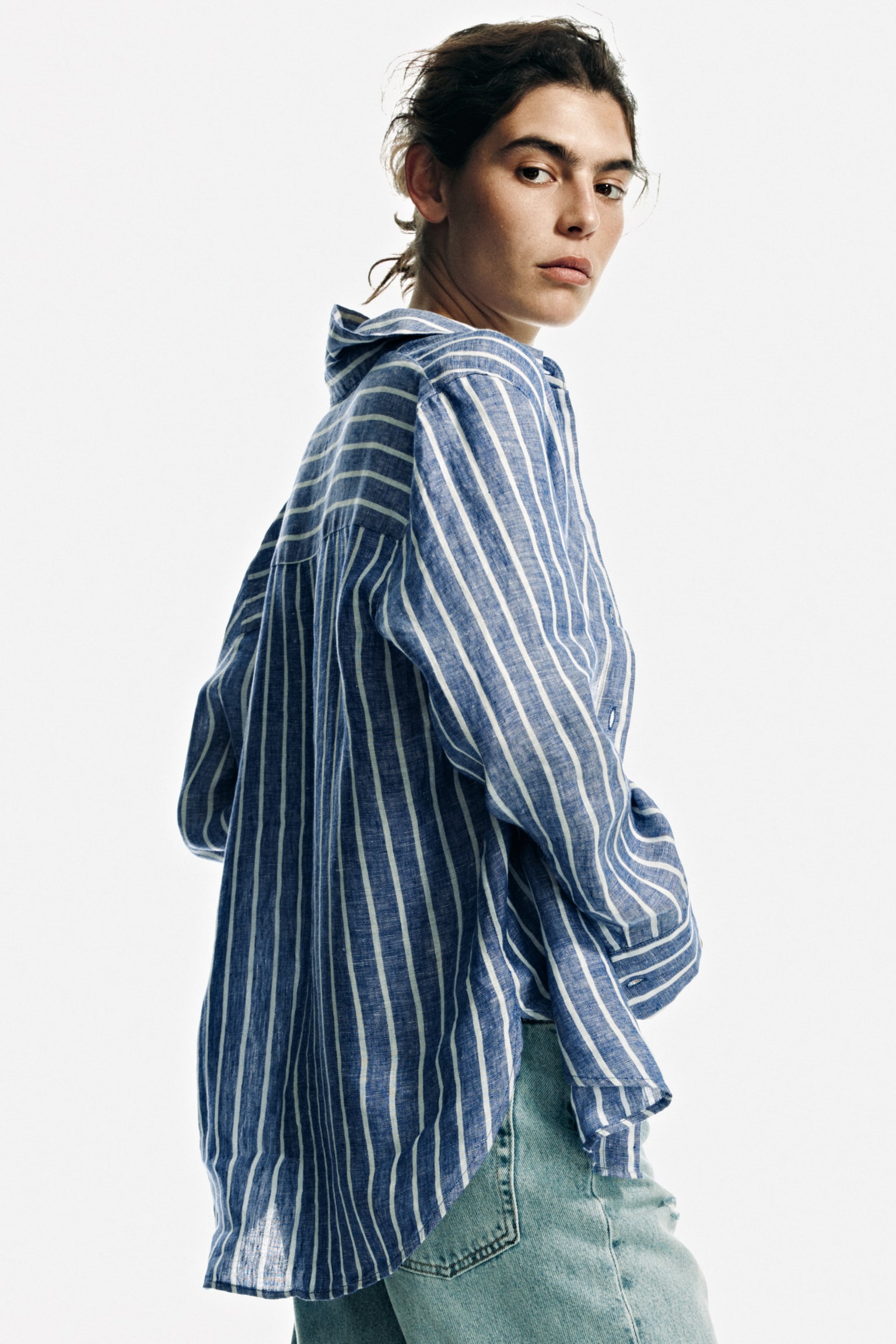 חולצת פשתן - כחול/פסים/לבן/חום כהה - 1