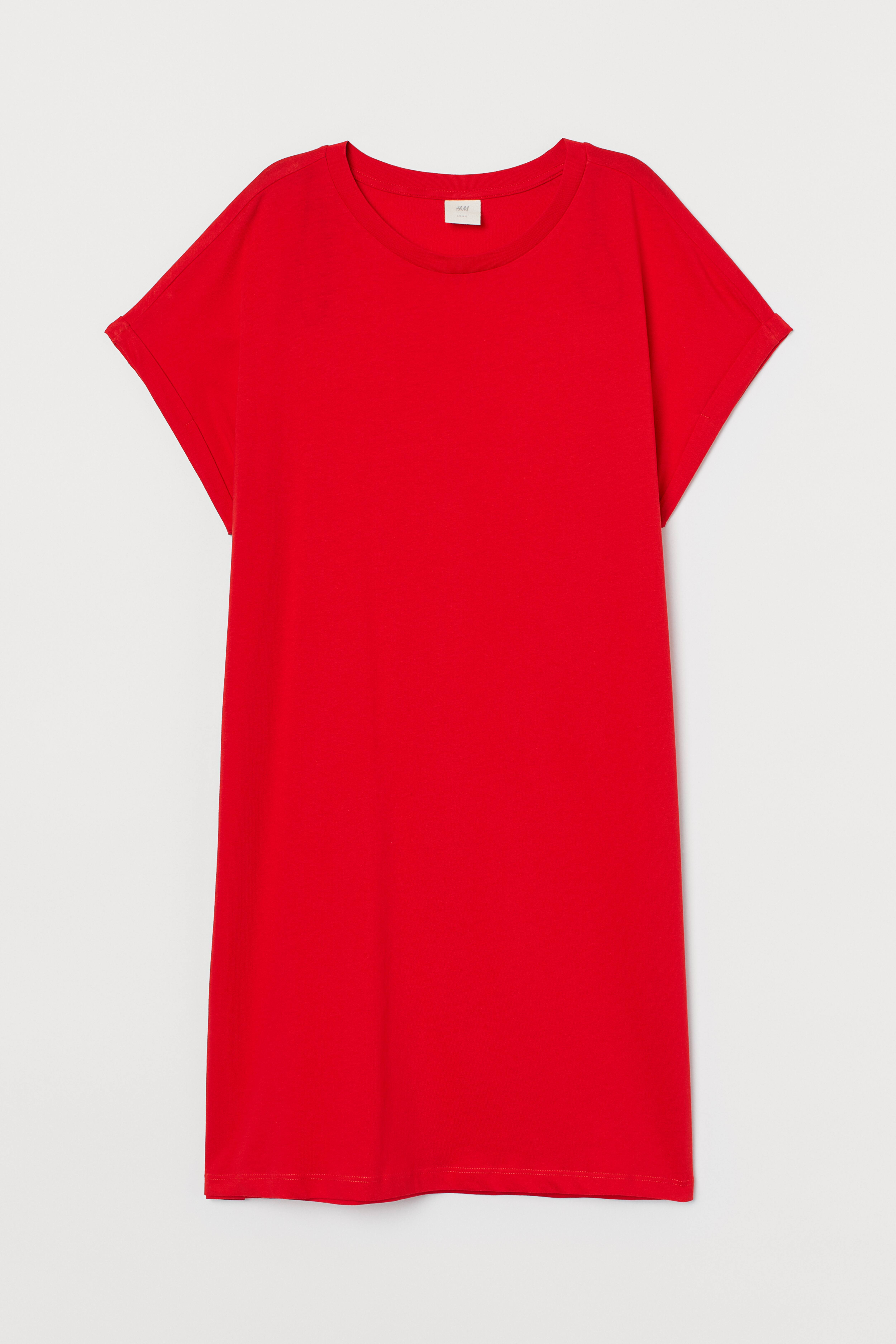 Cotton T-shirt Dress - Round Neck - Short sleeve - Red - Ladies | H&M US