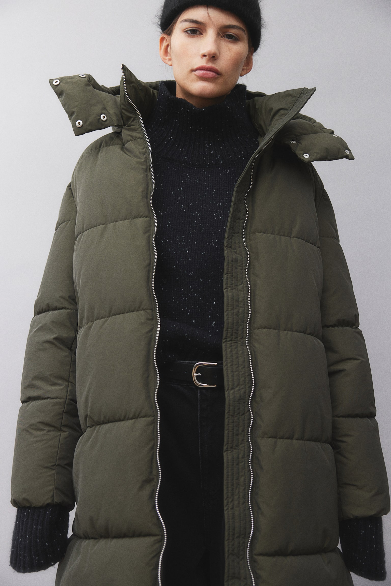 Water-repellent puffer coat - Dark khaki green/Black/Beige - 7