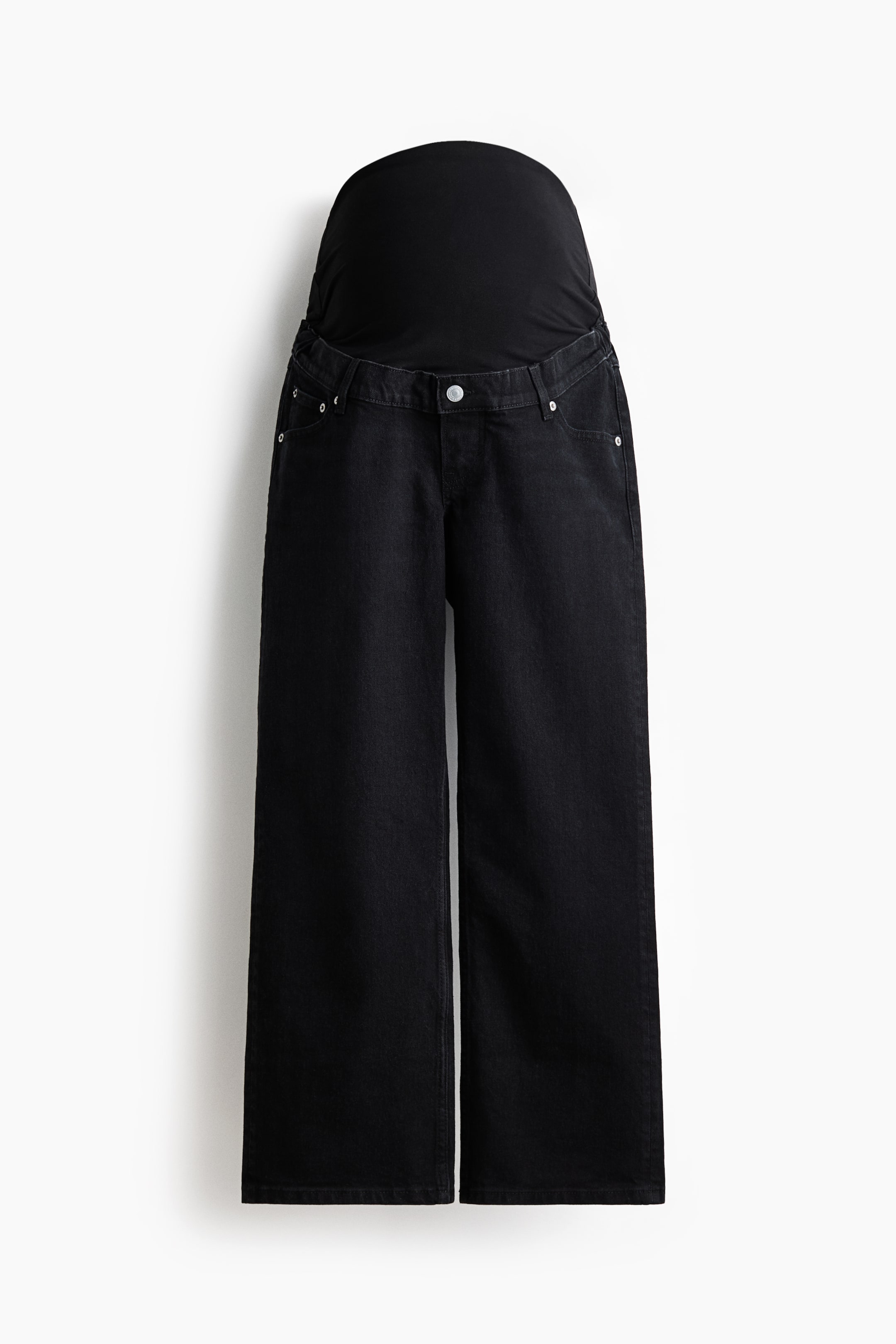 View larger image: Black maternity jeans showcase a front-facing design, featuring a wide, stretchy over-the-belly panel, a wide-leg cut, front pockets with rivets, a button closure, and belt loops.