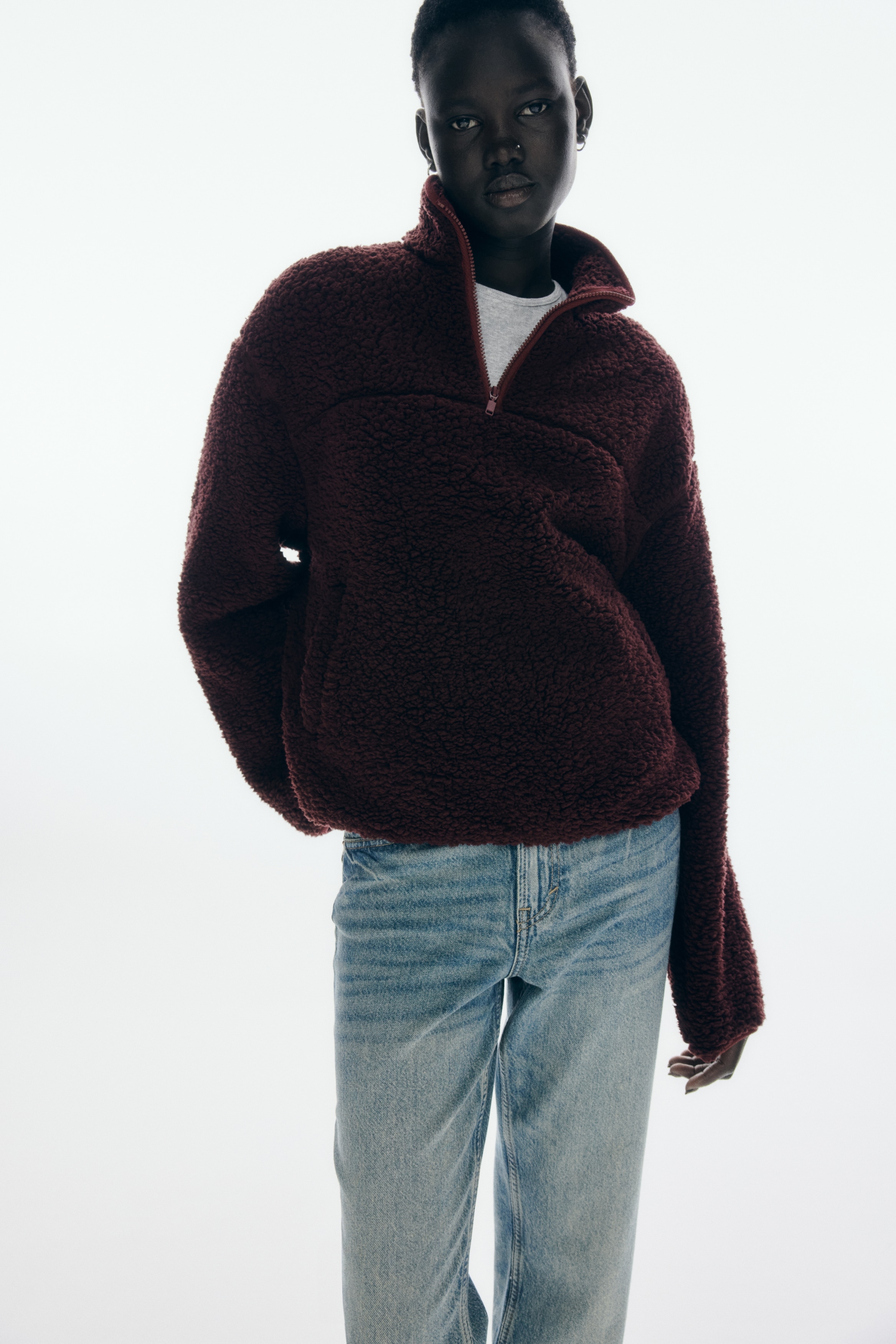 H & M - ハーフジップ テディトップス - レッド