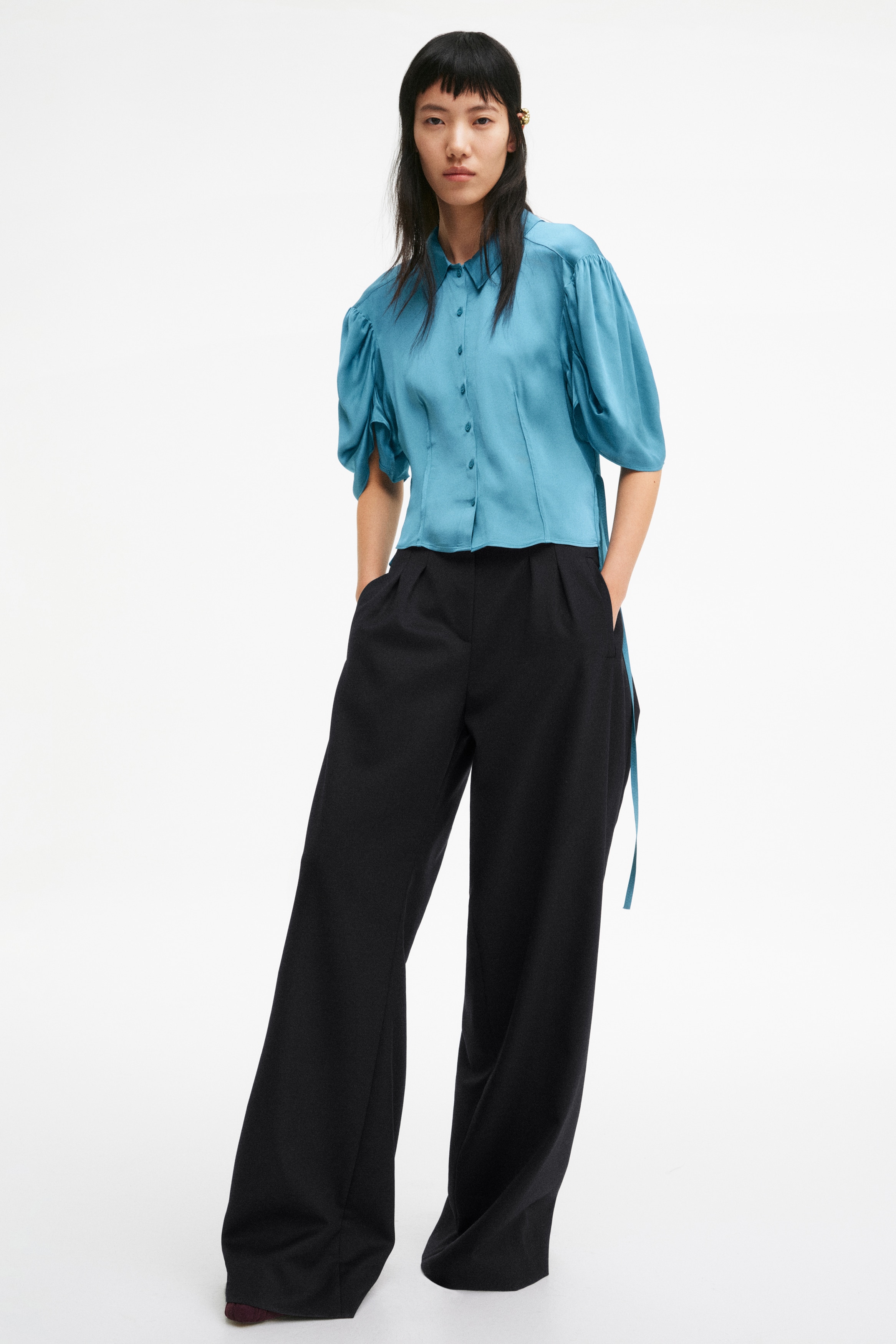 公主袖綢緞女衫 - 土耳其藍