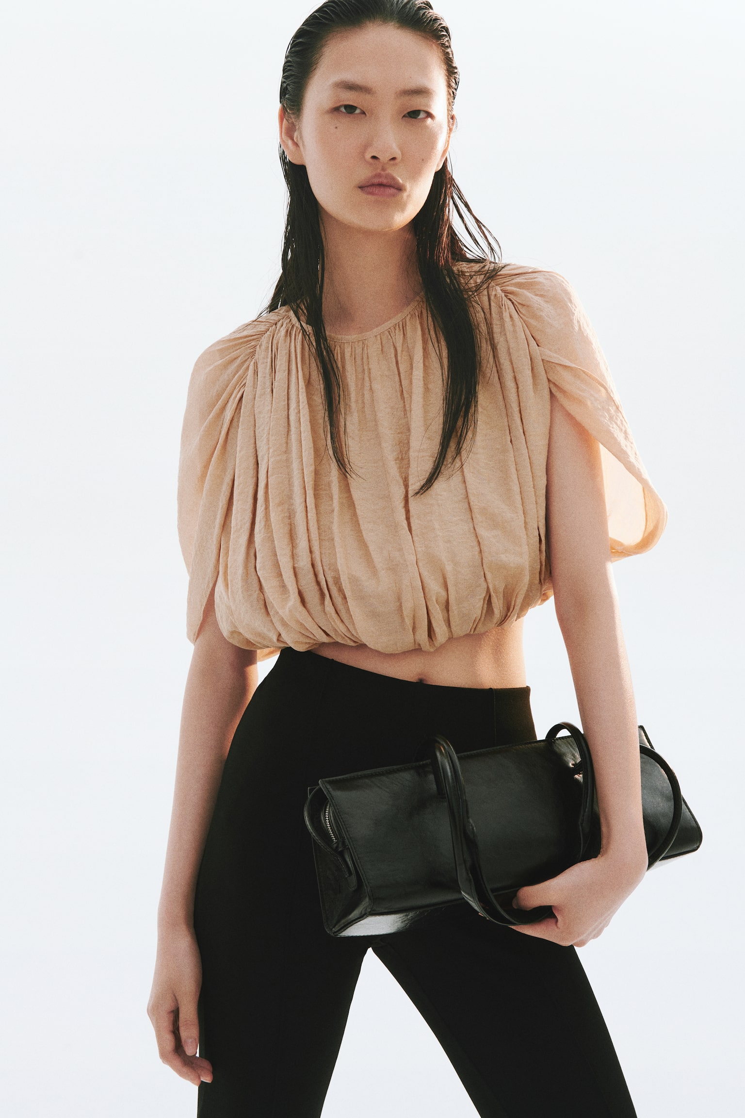 Bubble-hem crêpe top - Beige/Pink - 1