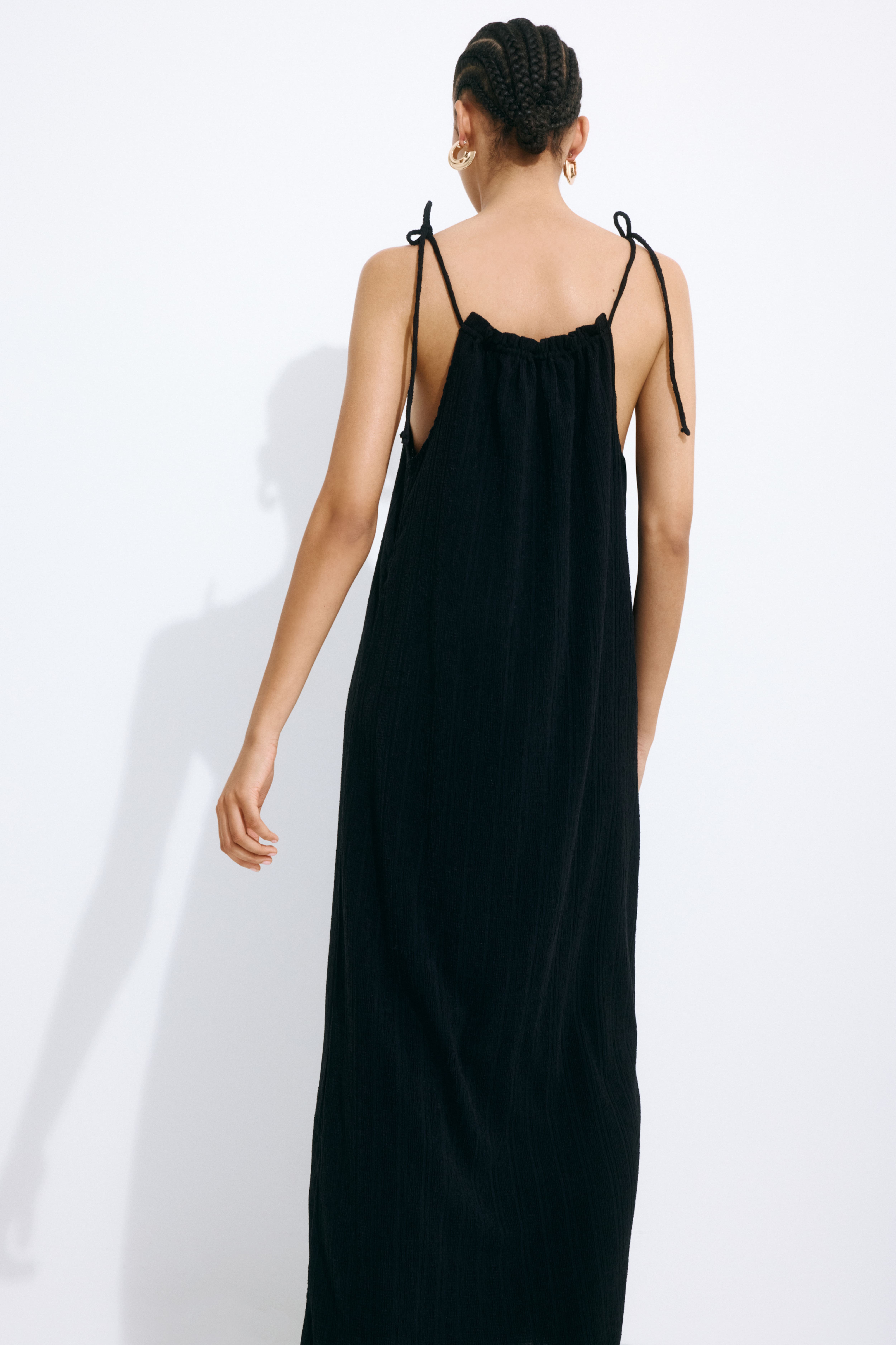 Crinkled Dress with Tie Shoulder Straps