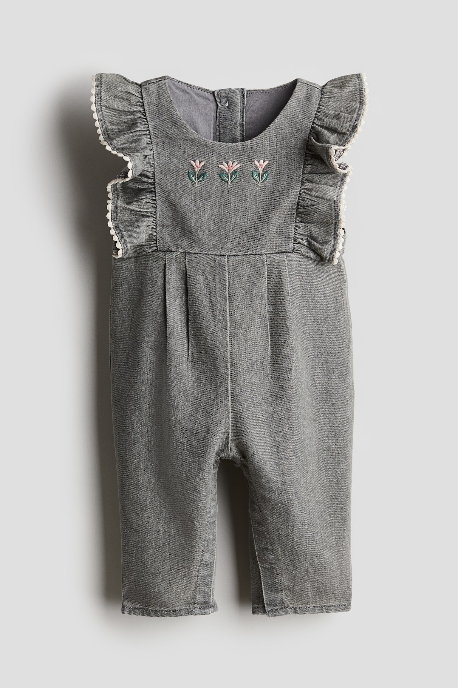 Frill-trimmed romper suit - Denim grey/Flowers/Cream - 1