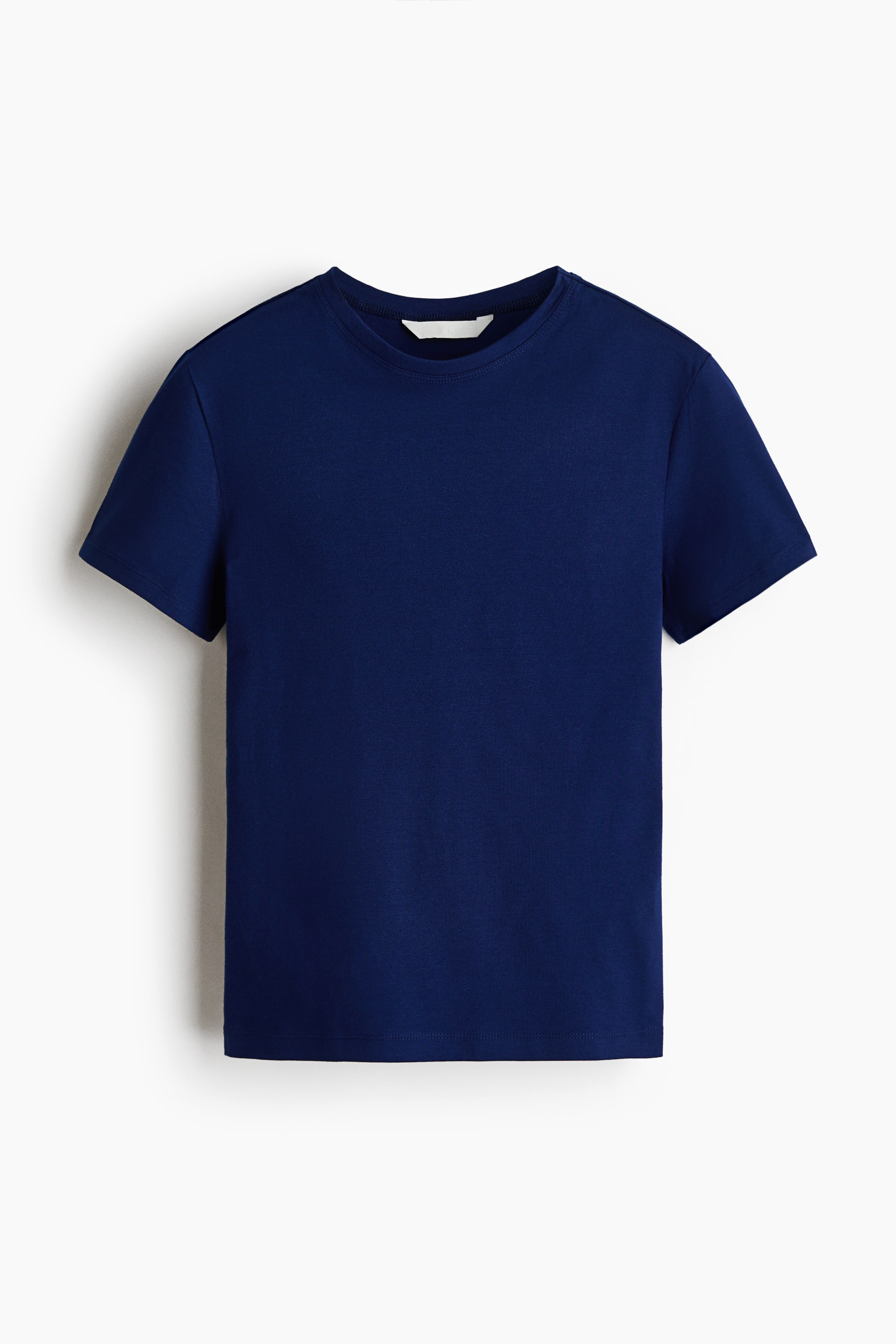 View larger image: A fitted navy blue T-shirt is shown from the front, featuring a round neckline, short sleeves, and a straight-cut hem. It has a smooth texture, and a white tag is visible on the inner back neck.