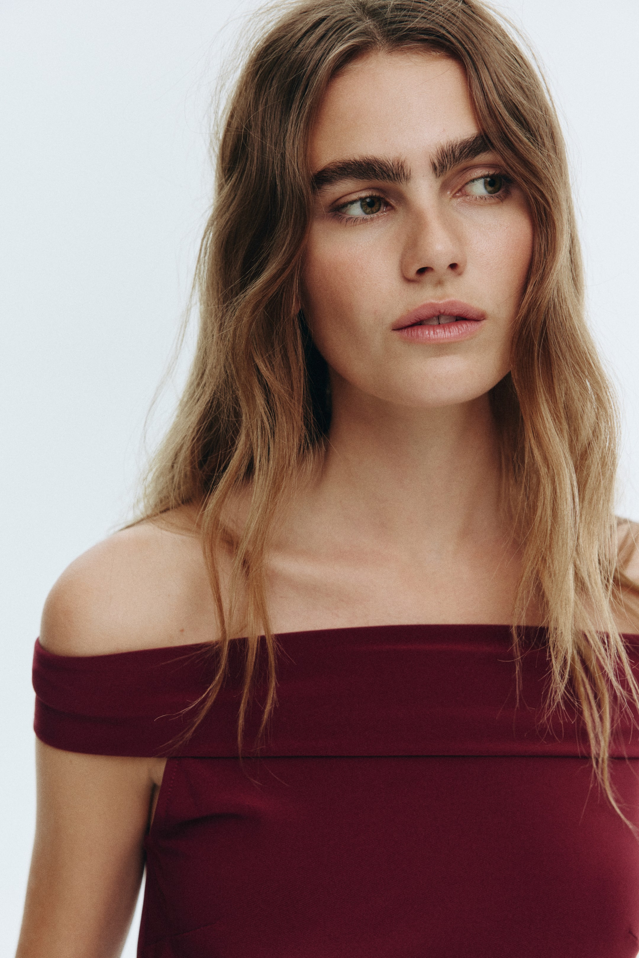 View larger image: Flared off-the-shoulder dress - Dark red - Ladies | H&M HK 1