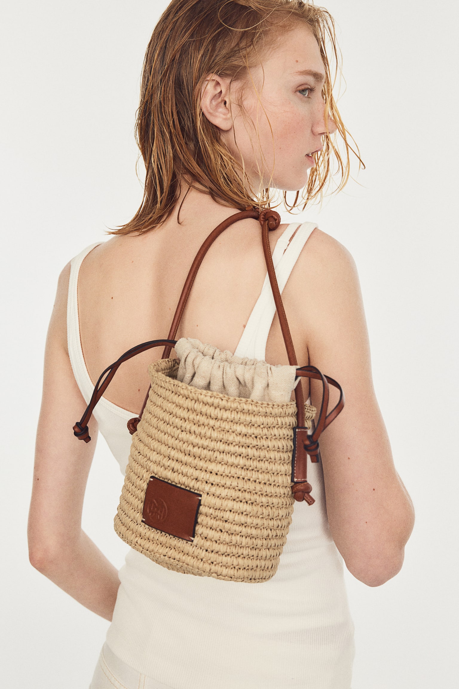 Straw Bucket Bag - Beige - 3