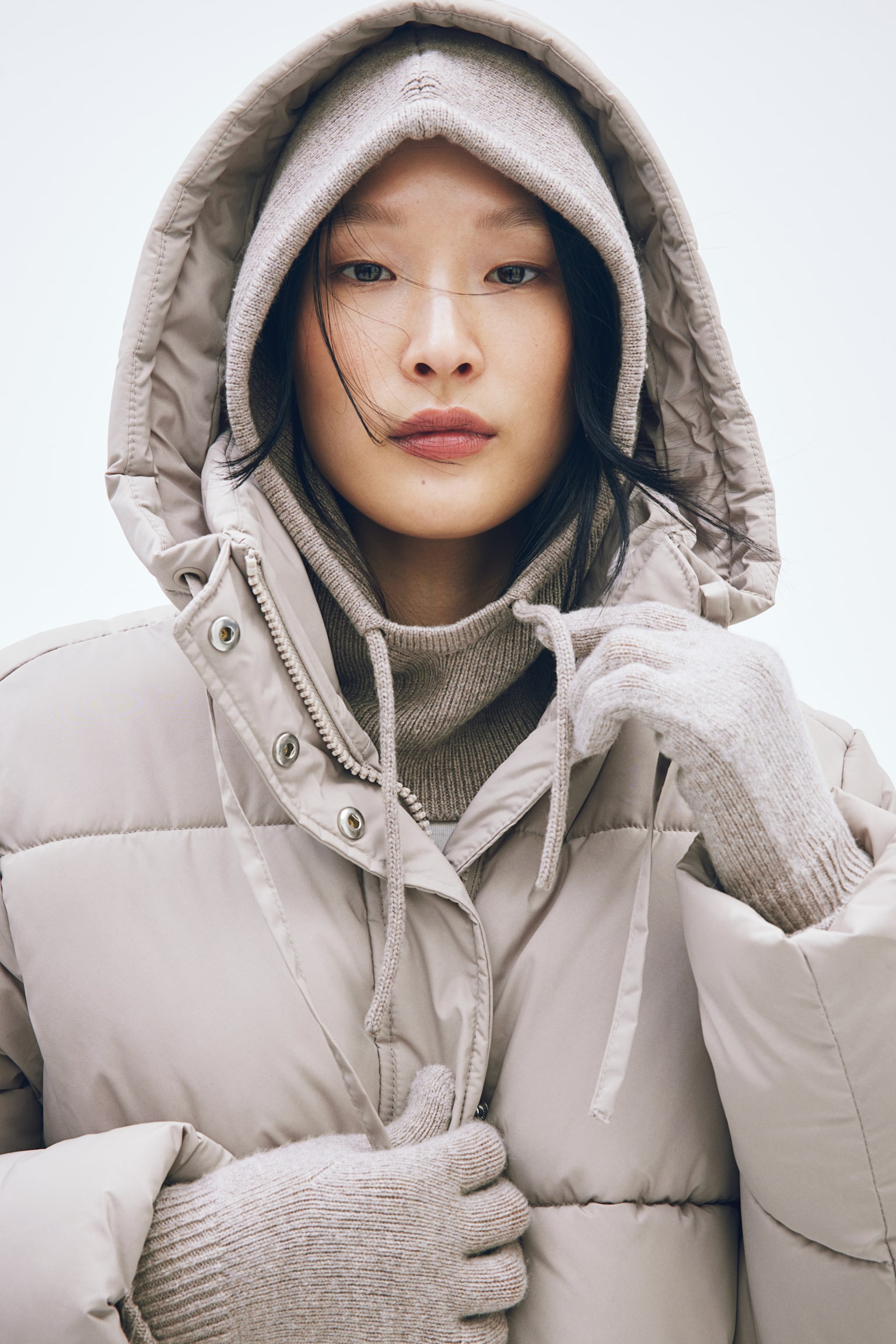 Hooded puffer coat - Greige/Black - 1