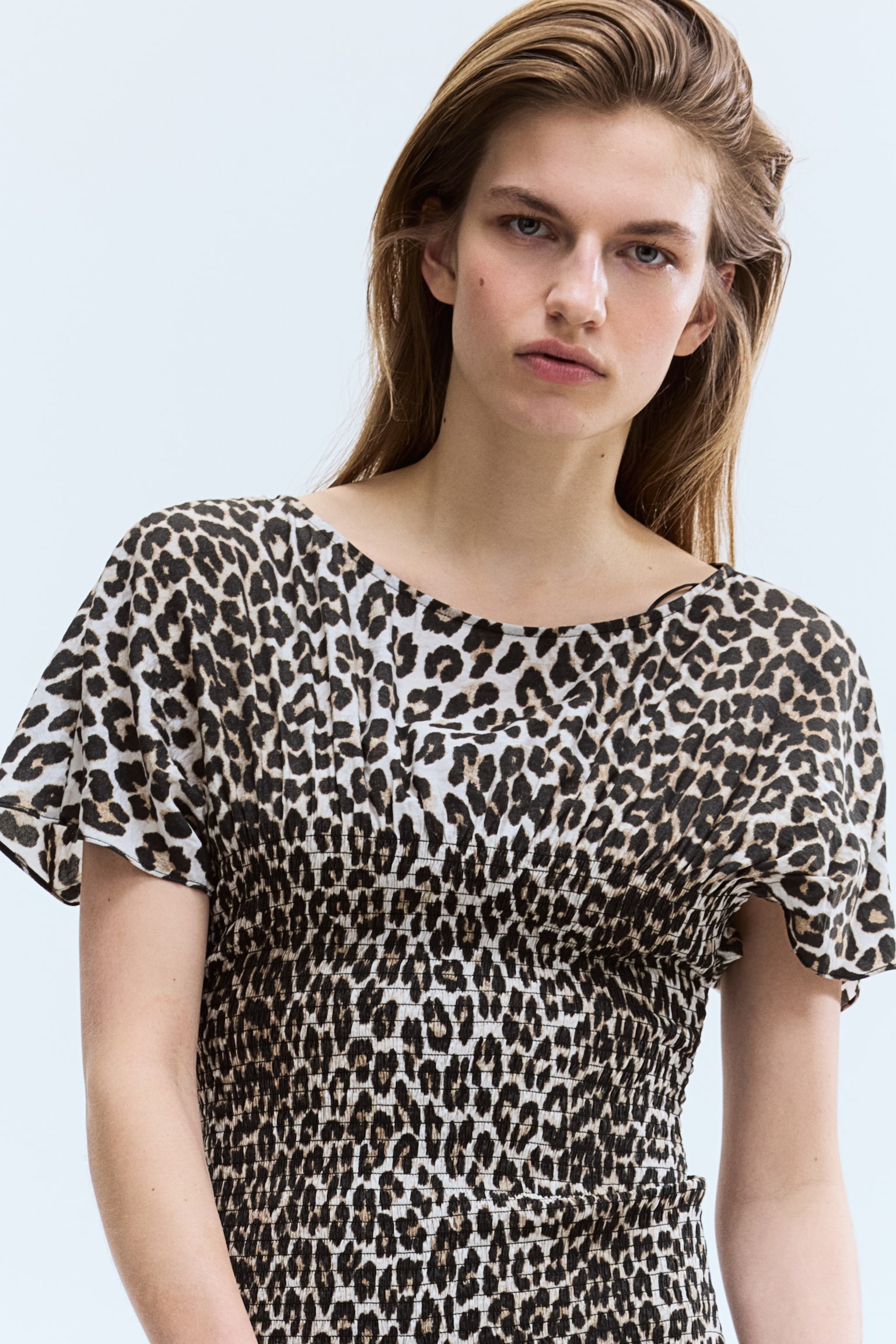 Smocked-detail dress - Light beige/Leopard print/Black - 6