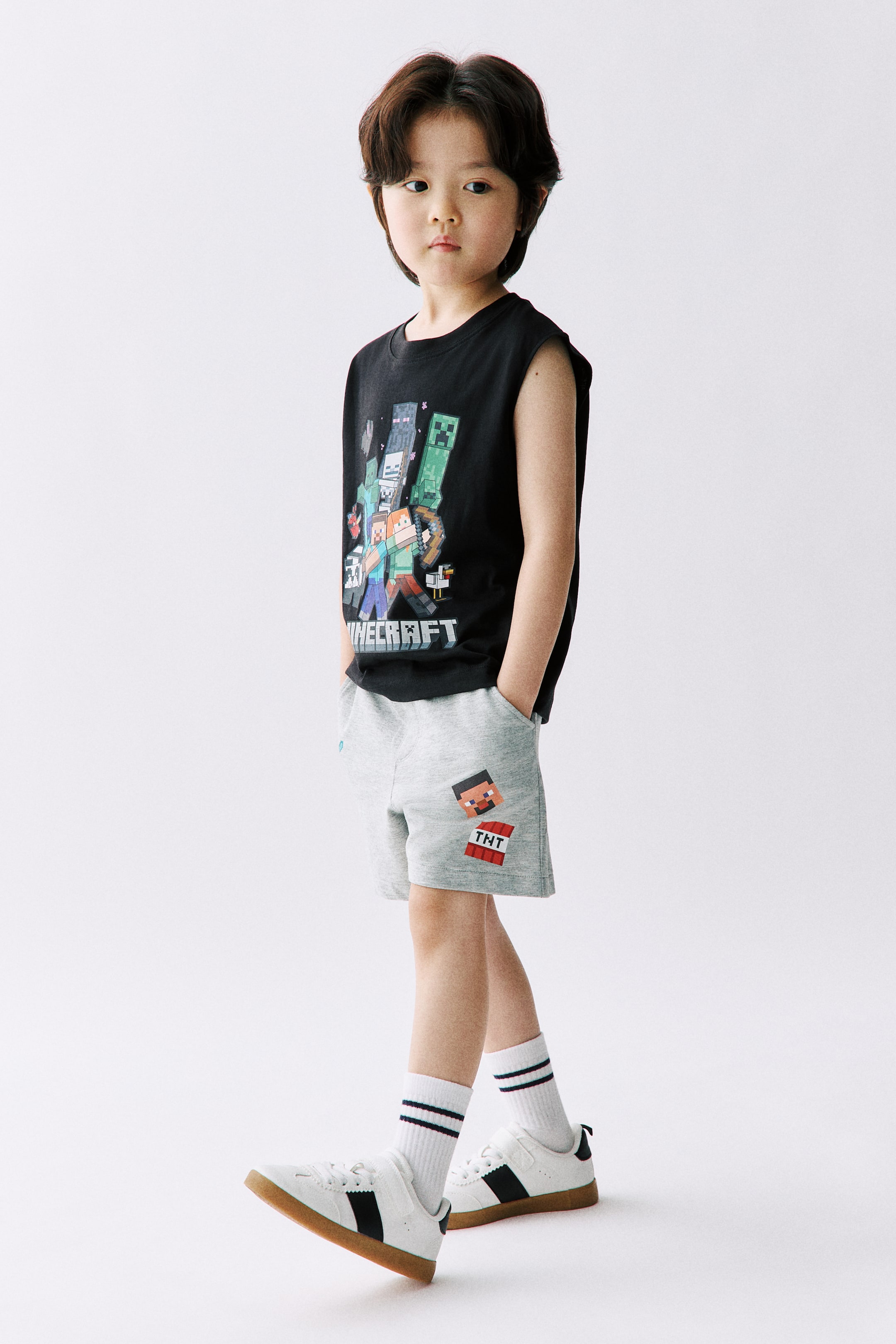 이미지 확대 보기: 프린트 스웨트 쇼츠 - 라이트 그레이 멜란지/마인크래프트 - Kids | H&M KR 1