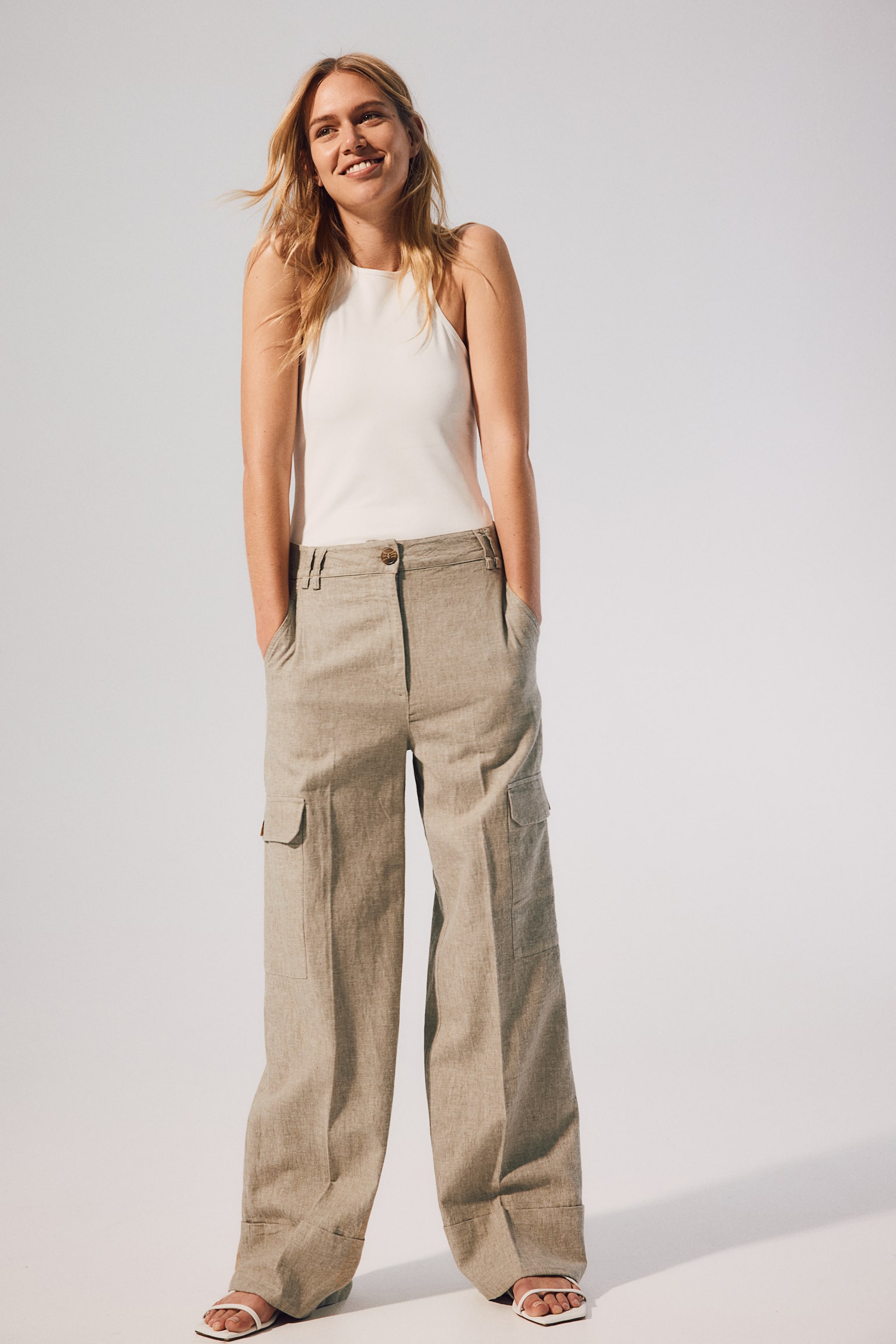 Linen-blend cargo trousers - Beige marl - 1