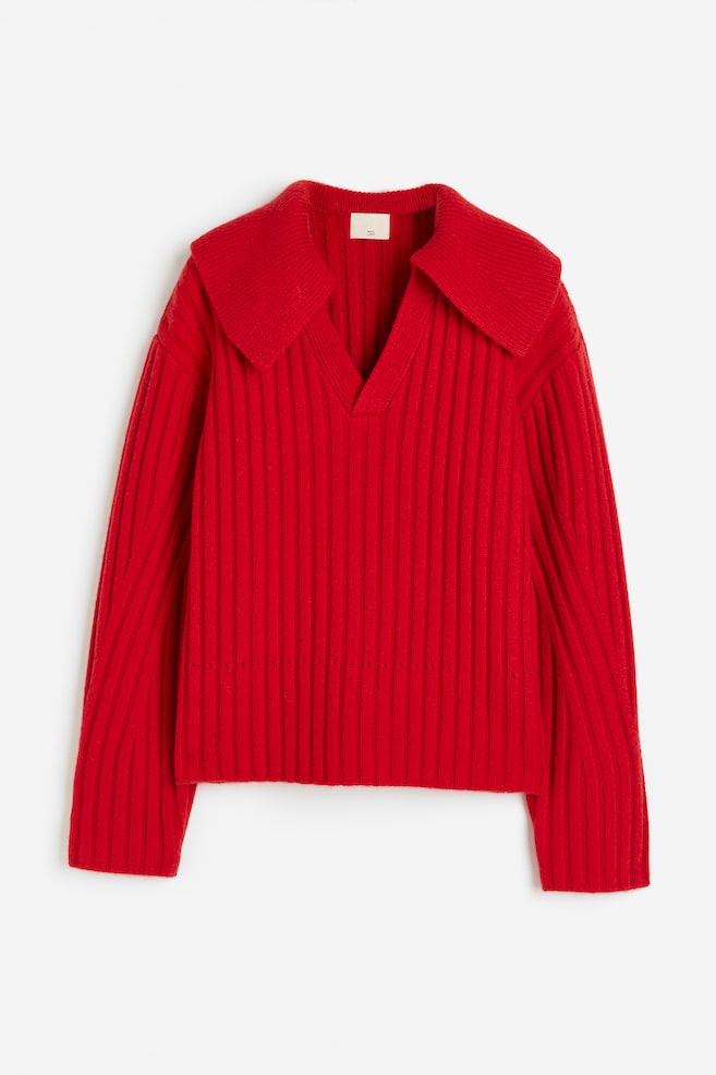 Collared wool jumper - Red/Cream - 2