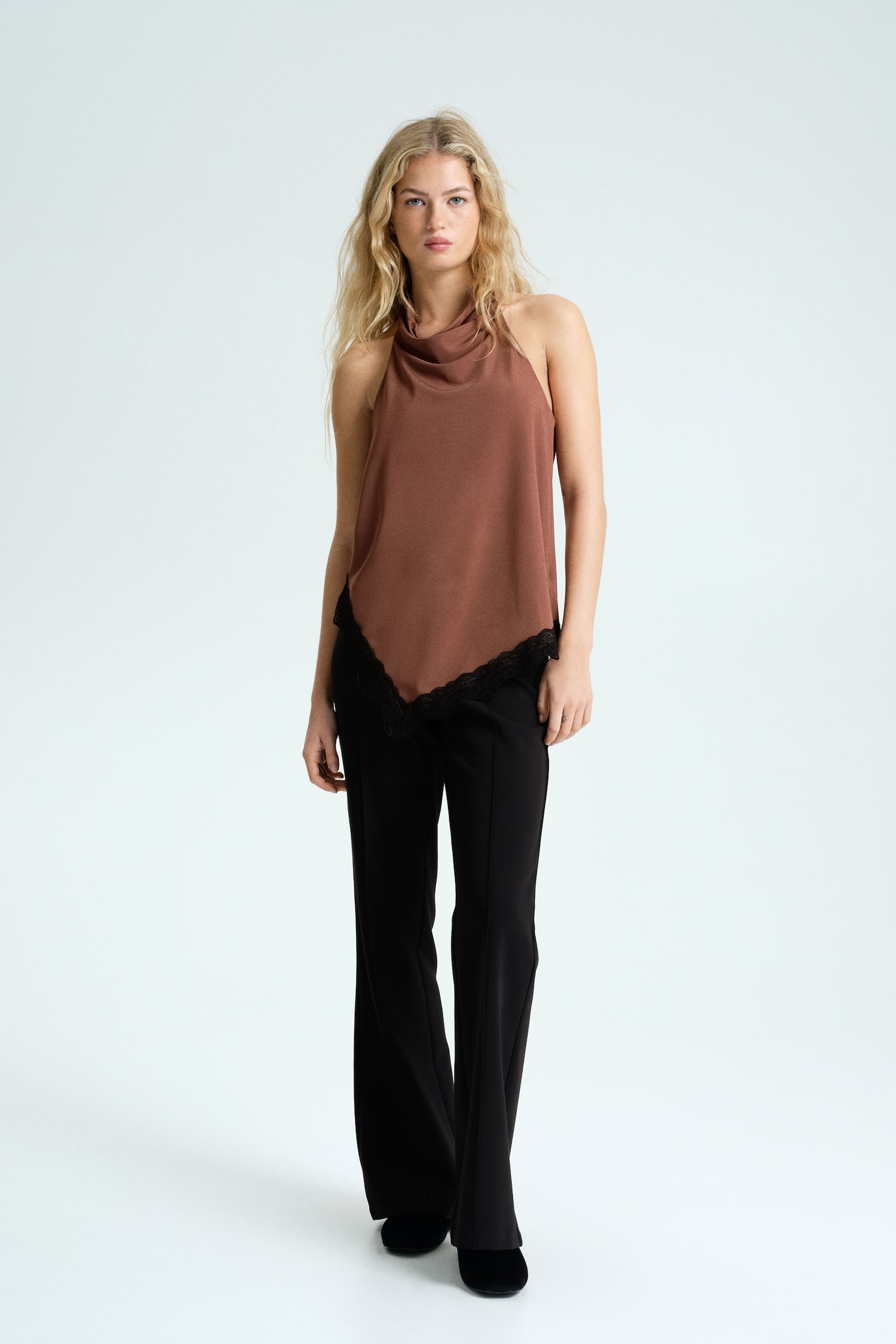 Lace-trimmed halterneck top - Brown/Black - 4