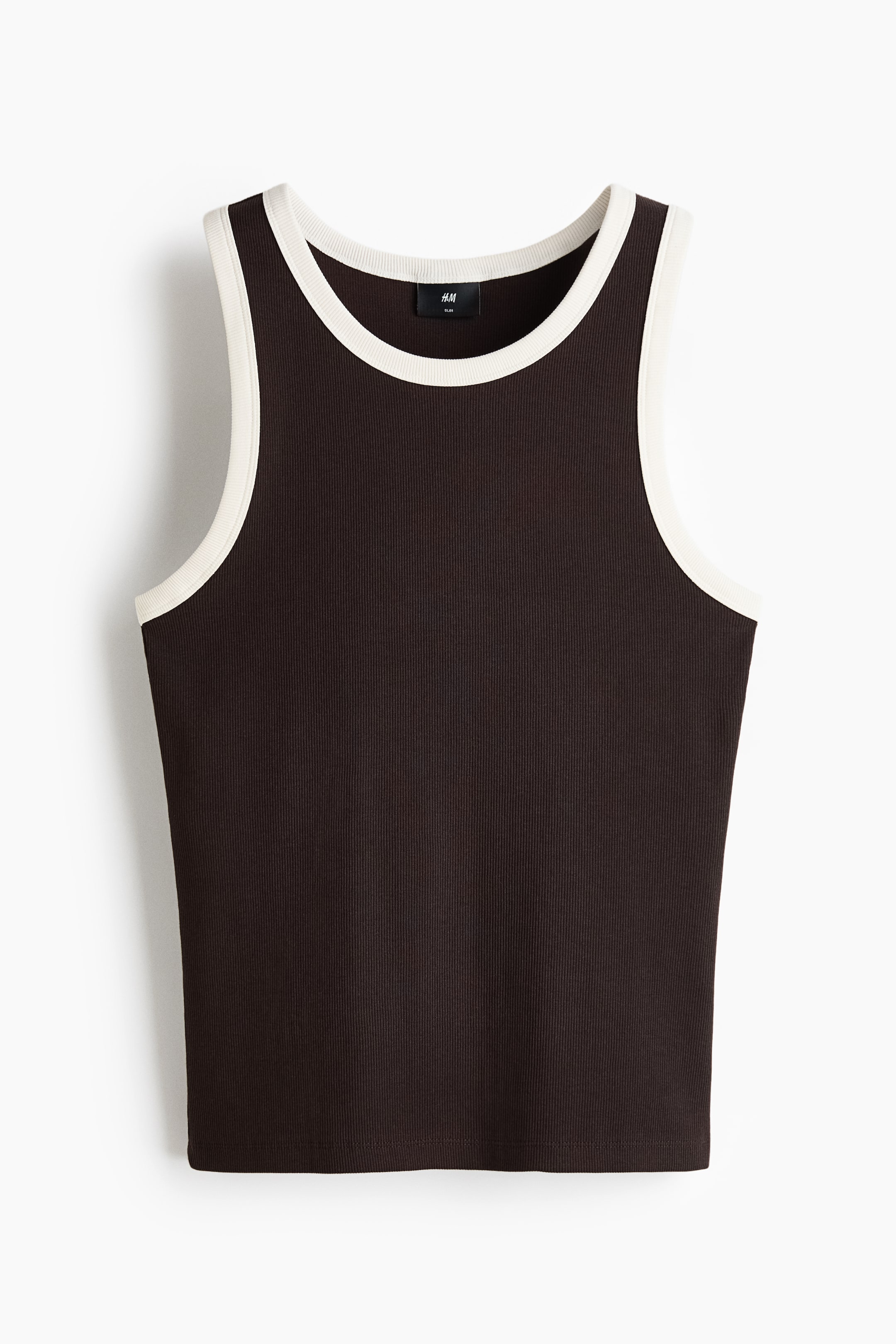 View larger image: The deep brown tank top showcases a ribbed texture, accentuated with contrasting cream binding along the round neckline and armholes. A small H&M label is noticeable inside the back of the neckline, and the garment is displayed from the front view.