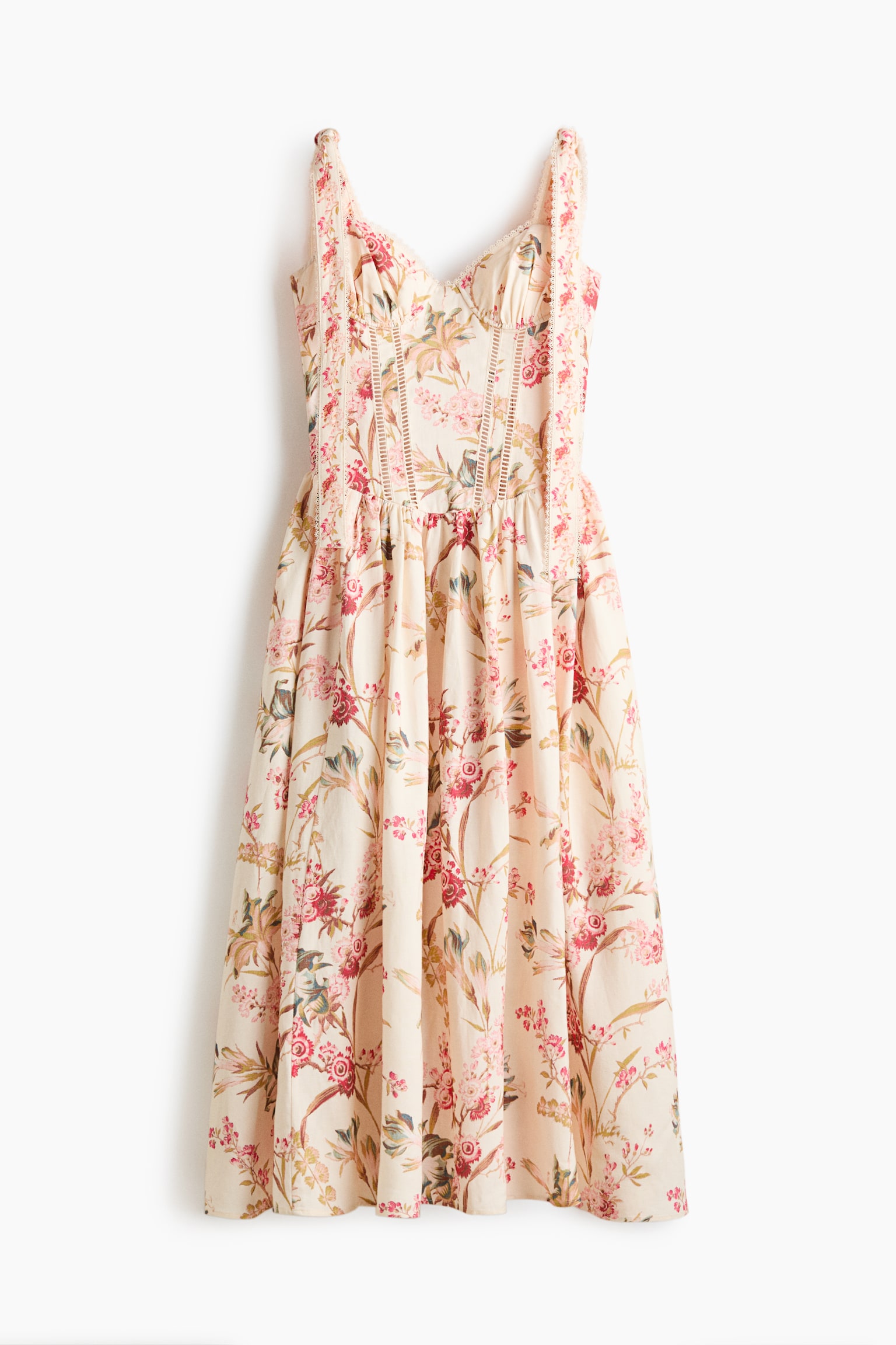 Linen-blend tie-strap dress - Light beige/Floral - 2