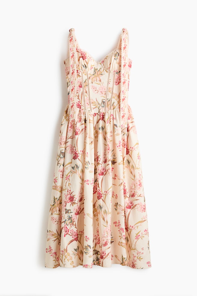 Linen-blend tie-strap dress - Light beige/Floral - 1