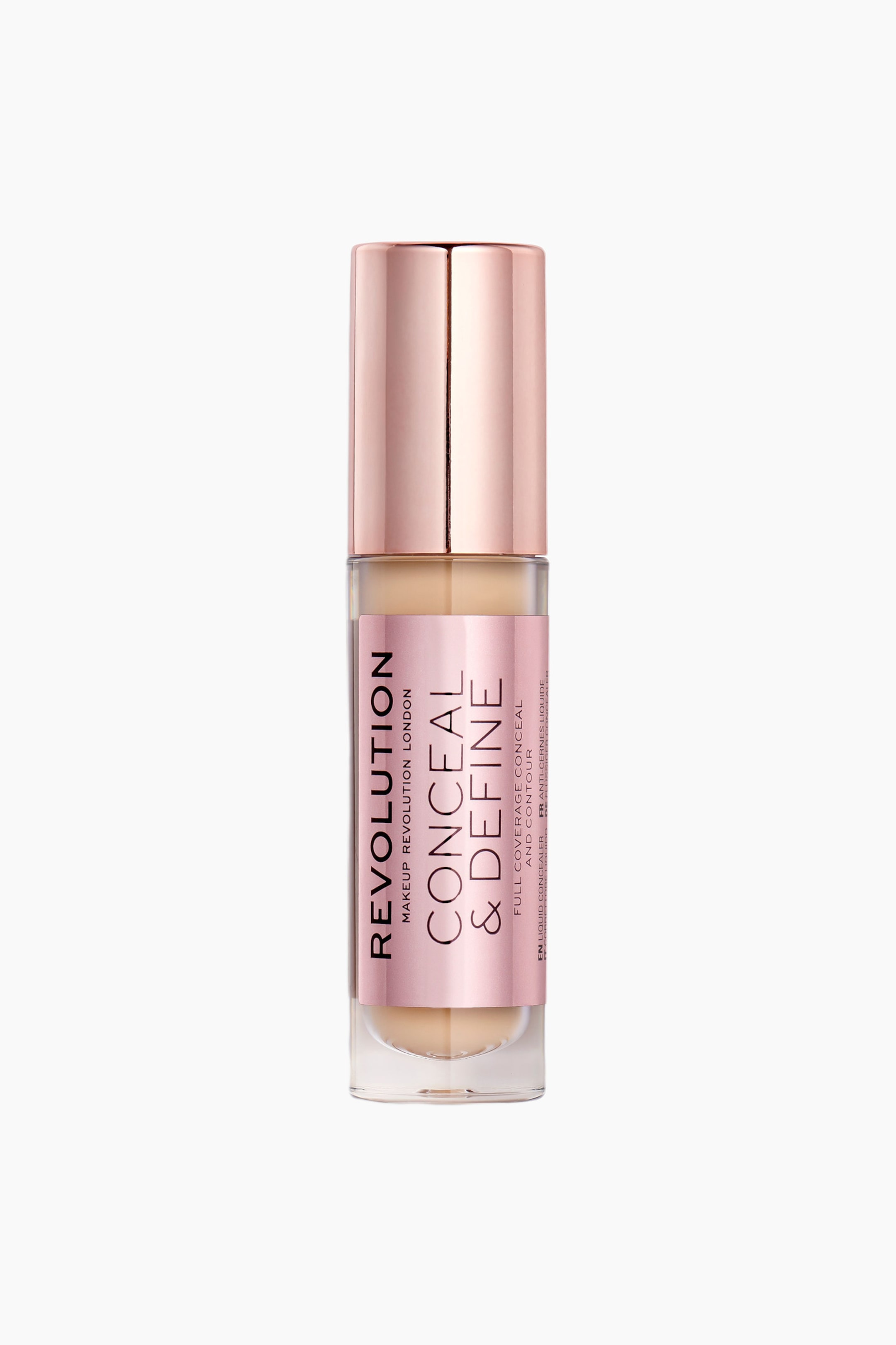Se større billede: En flaske flydende concealer står oprejst og fremviser et klart cylindrisk hætteglas fyldt med en lys beige formel. Produktet har en metallisk rosaguld hætte og en matchende rosaguld etiket med sort trykt tekst.