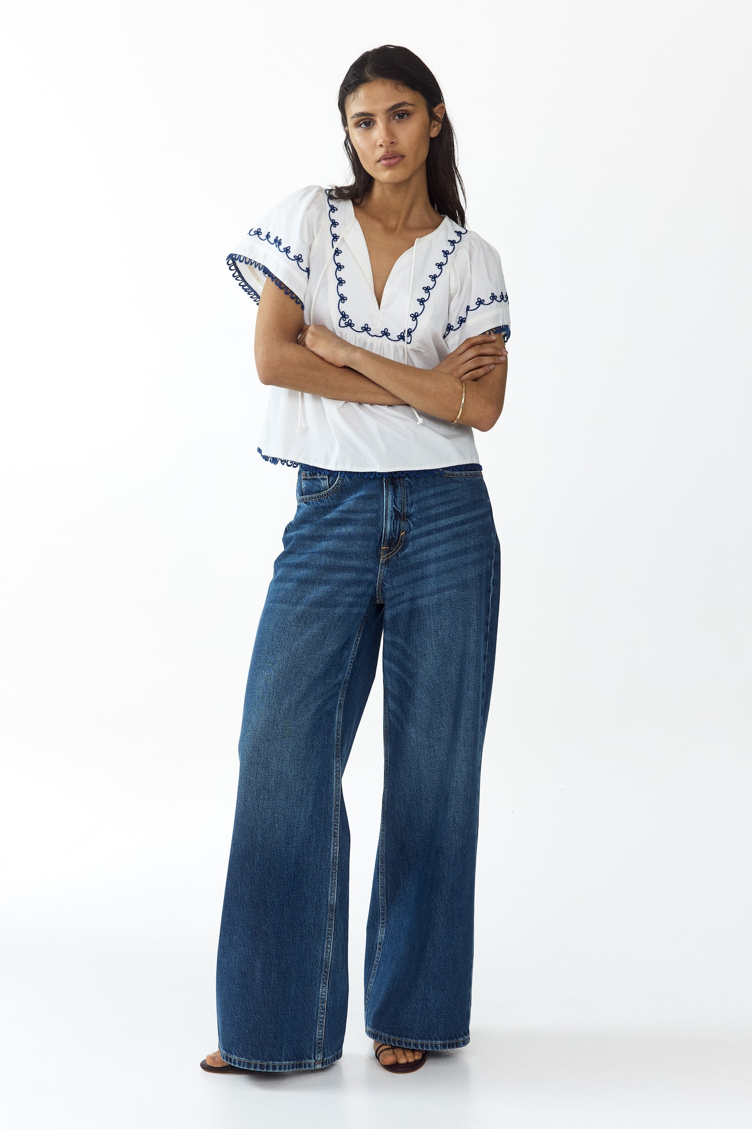 Embroidered cotton blouse - White/Blue/White/Red - 5