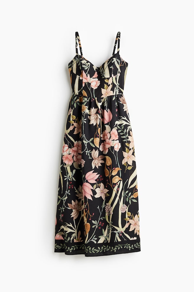 Trägerkleid aus Leinenmix - Schwarz/Geblümt - 1
