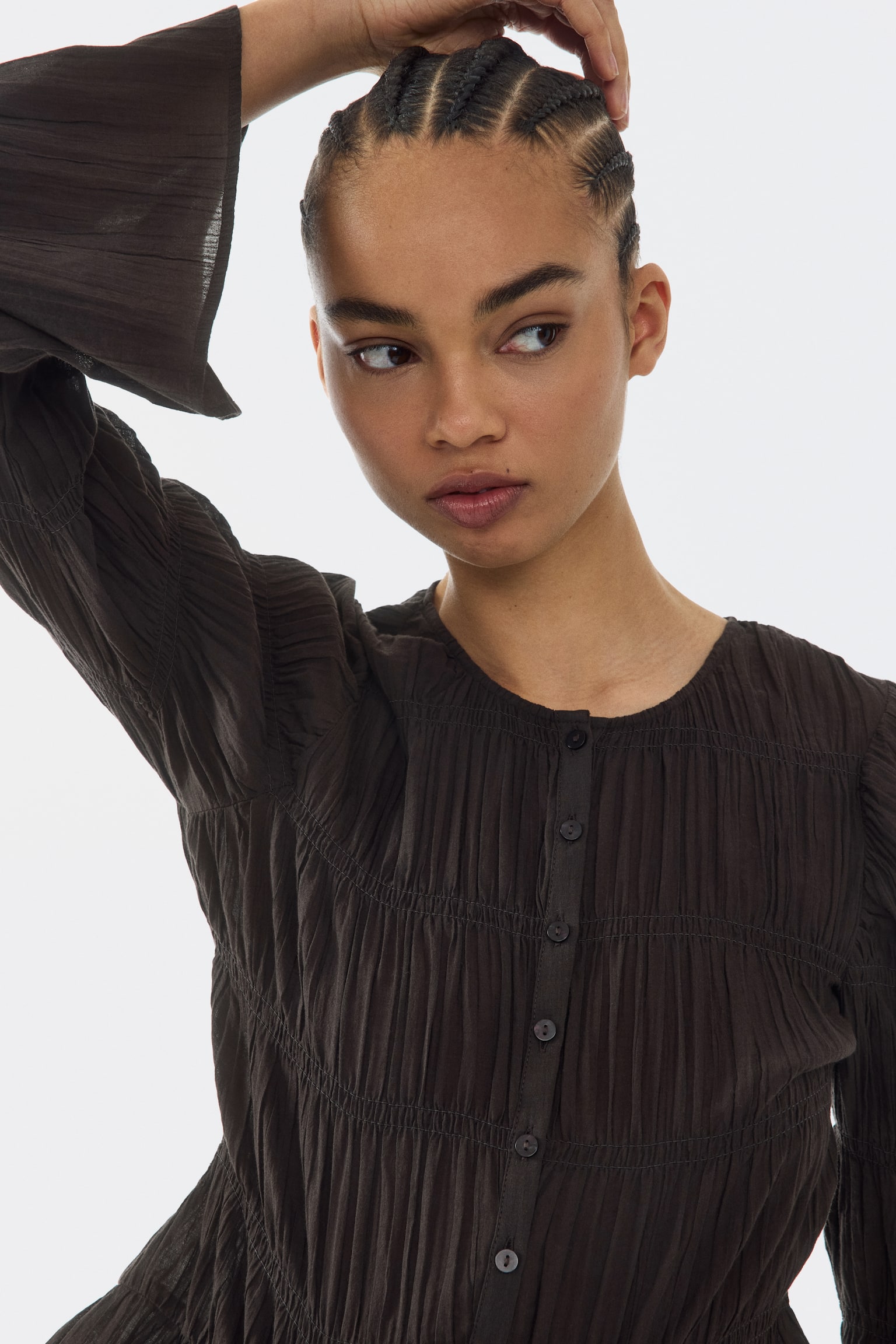 Smocked cotton blouse - Dark brown/Light beige - 3