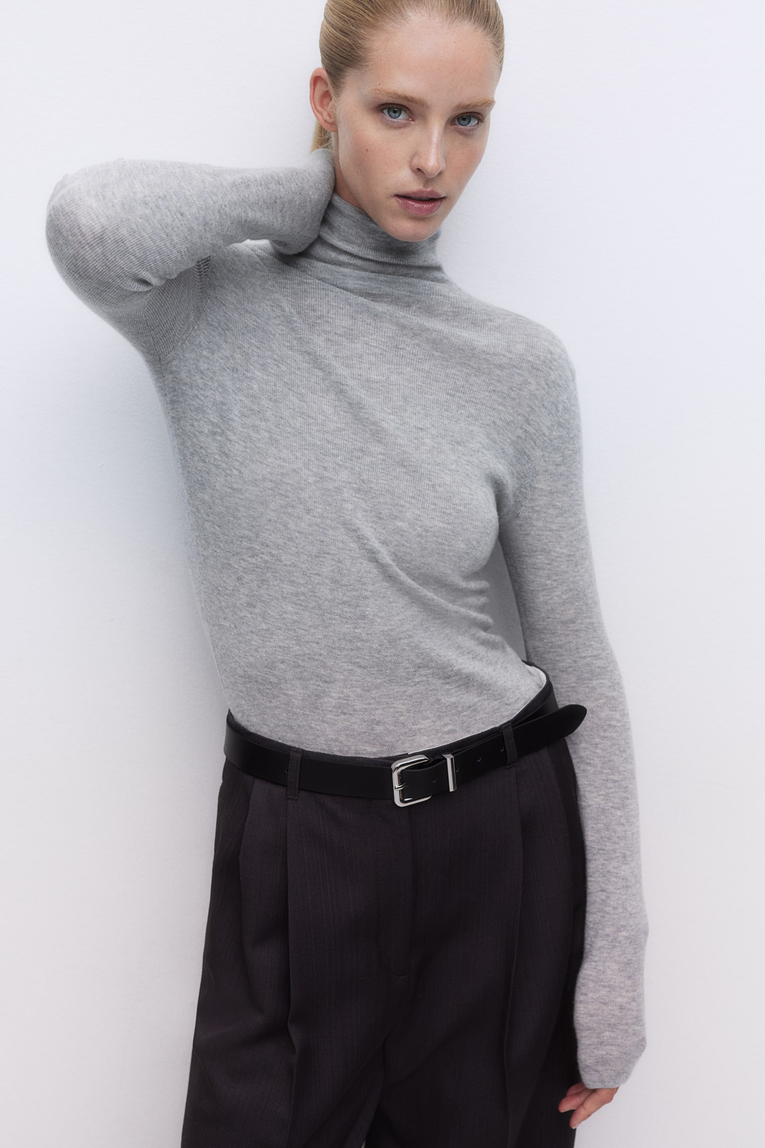 Cashmere-blend polo-neck jumper - Light grey marl/Black/Cream - 3