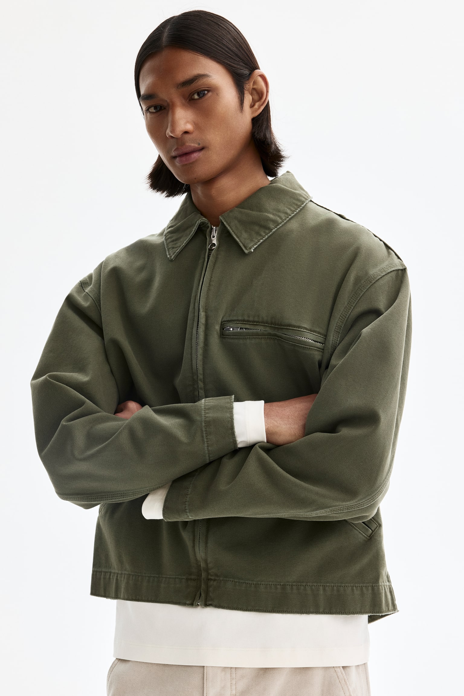 Collared jacket - Khaki green/Dark beige - 3