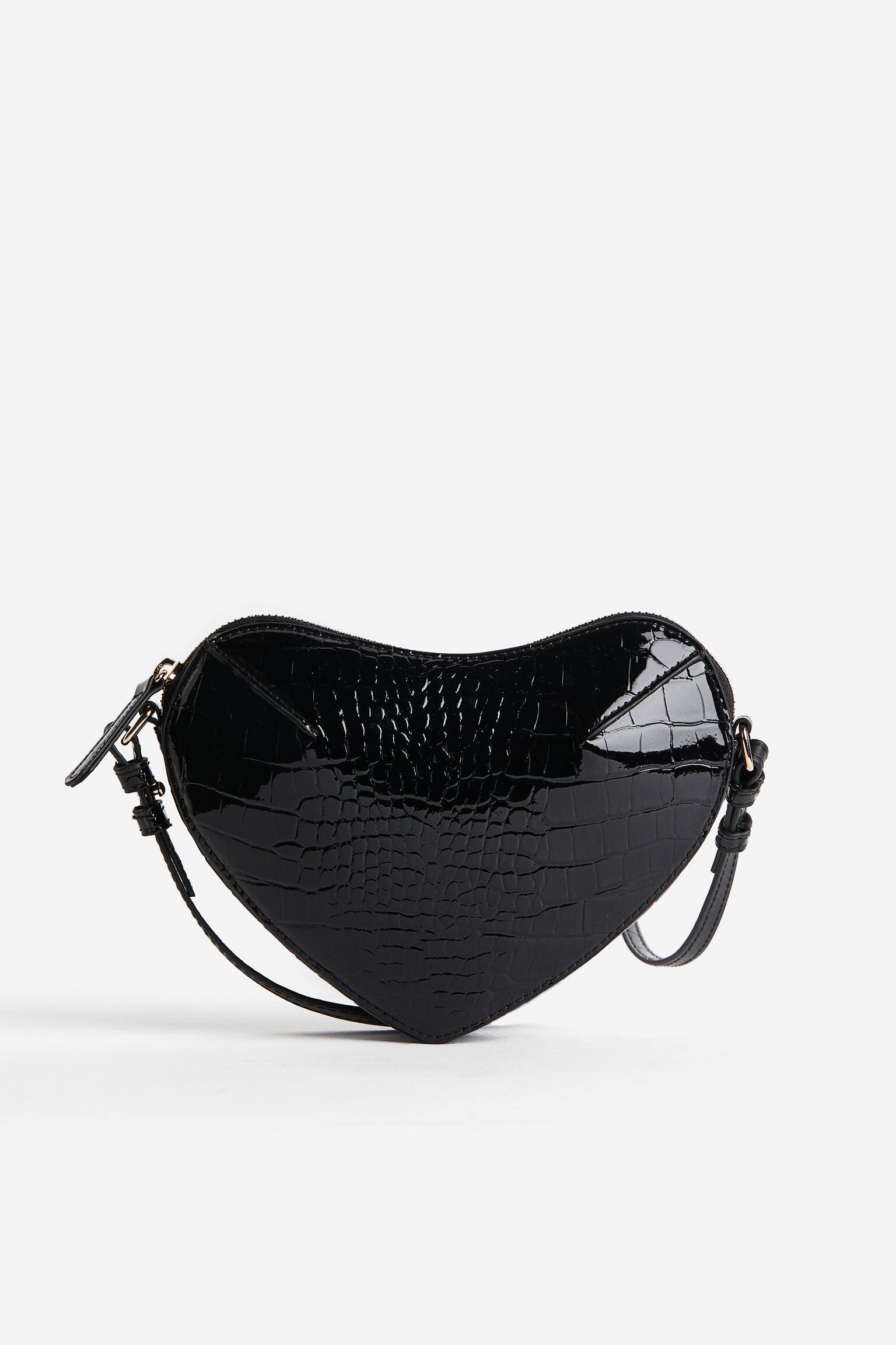 Heart Shaped Shoulder Bag - Black/Crocodile pattern