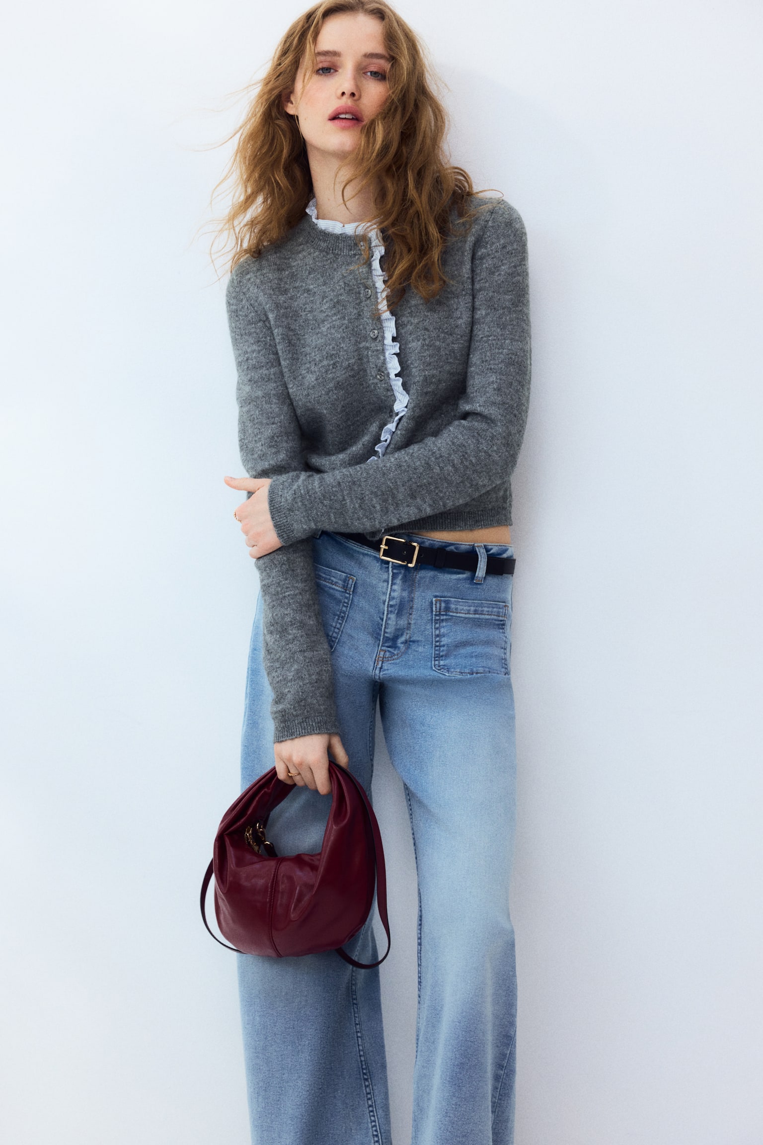 Frill-trimmed fine-knit cardigan - Grey marl - 3