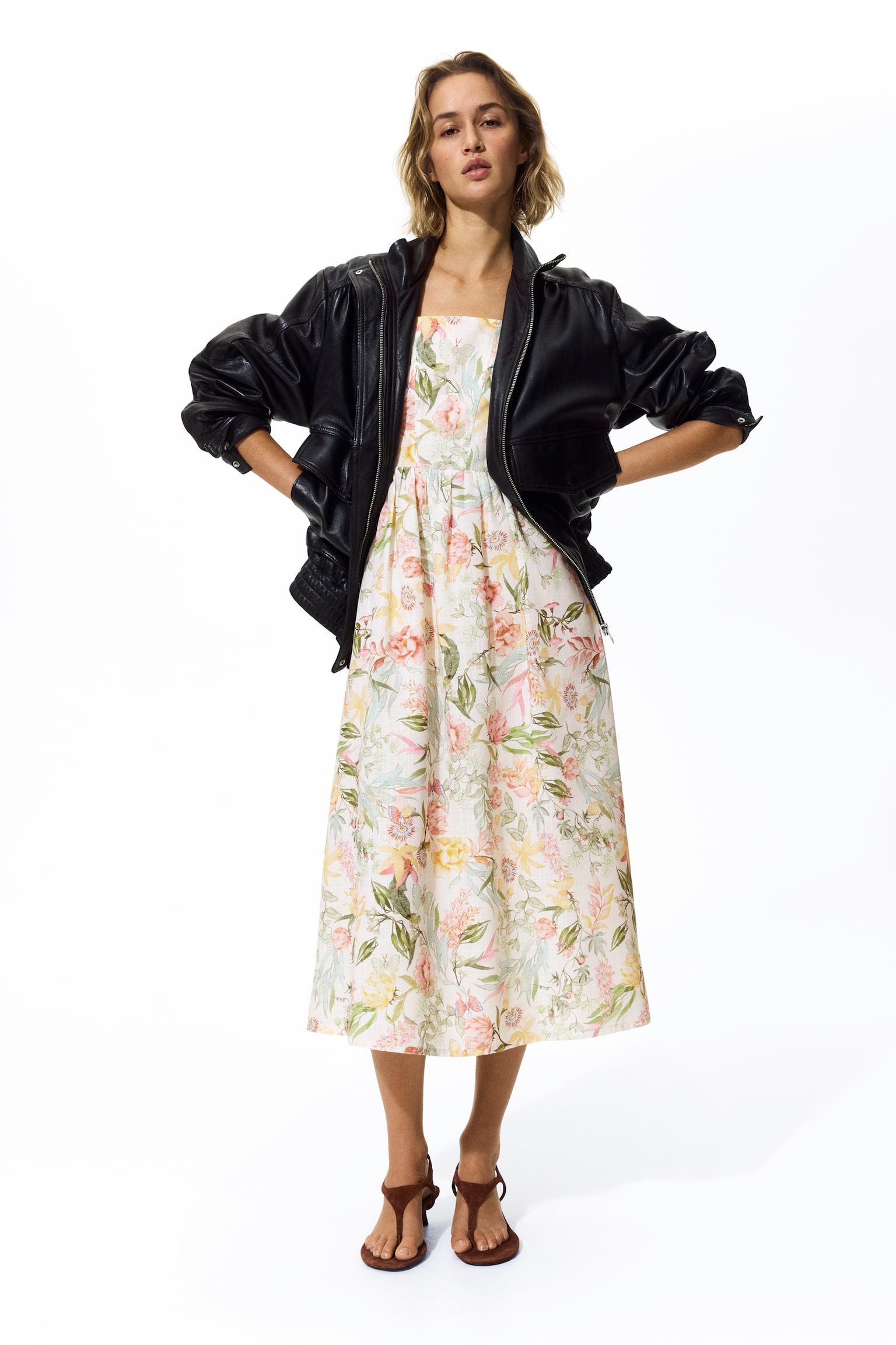 שמלת מידי עם כתפיות - קרם/פרחוני/לבן/פרחוני - 5