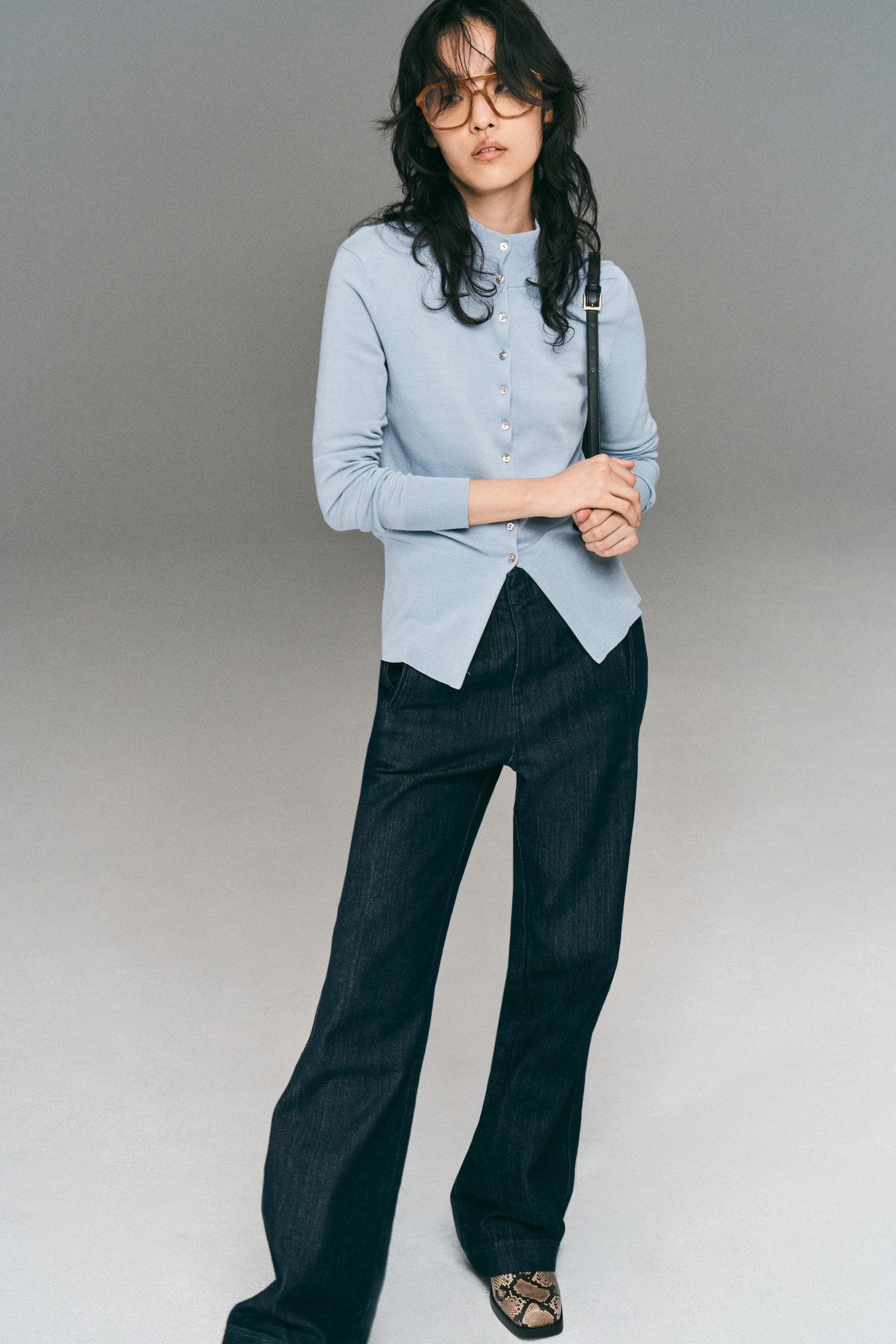 비스코스 블렌드 터틀넥 가디건 - 라이트 블루/그레이 멜란지 - 5