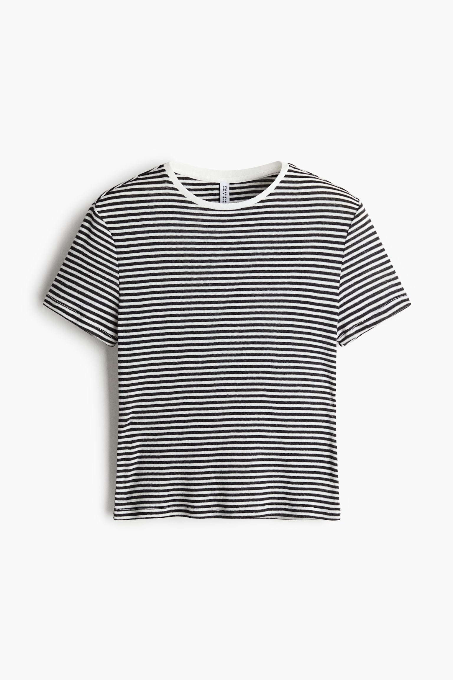 A short-sleeved T-shirt is shown from the front, featuring horizontal black and white stripes. The T-shirt is designed with a solid white crew neck collar, short sleeves, and a straight hem.