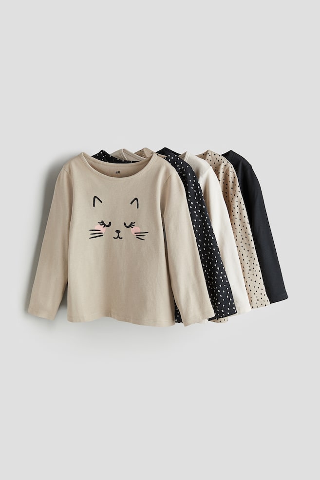 5-pack long-sleeved tops - Beige/Cat/Light pink/Lilac/Dark grey/White/Butterflies - 1