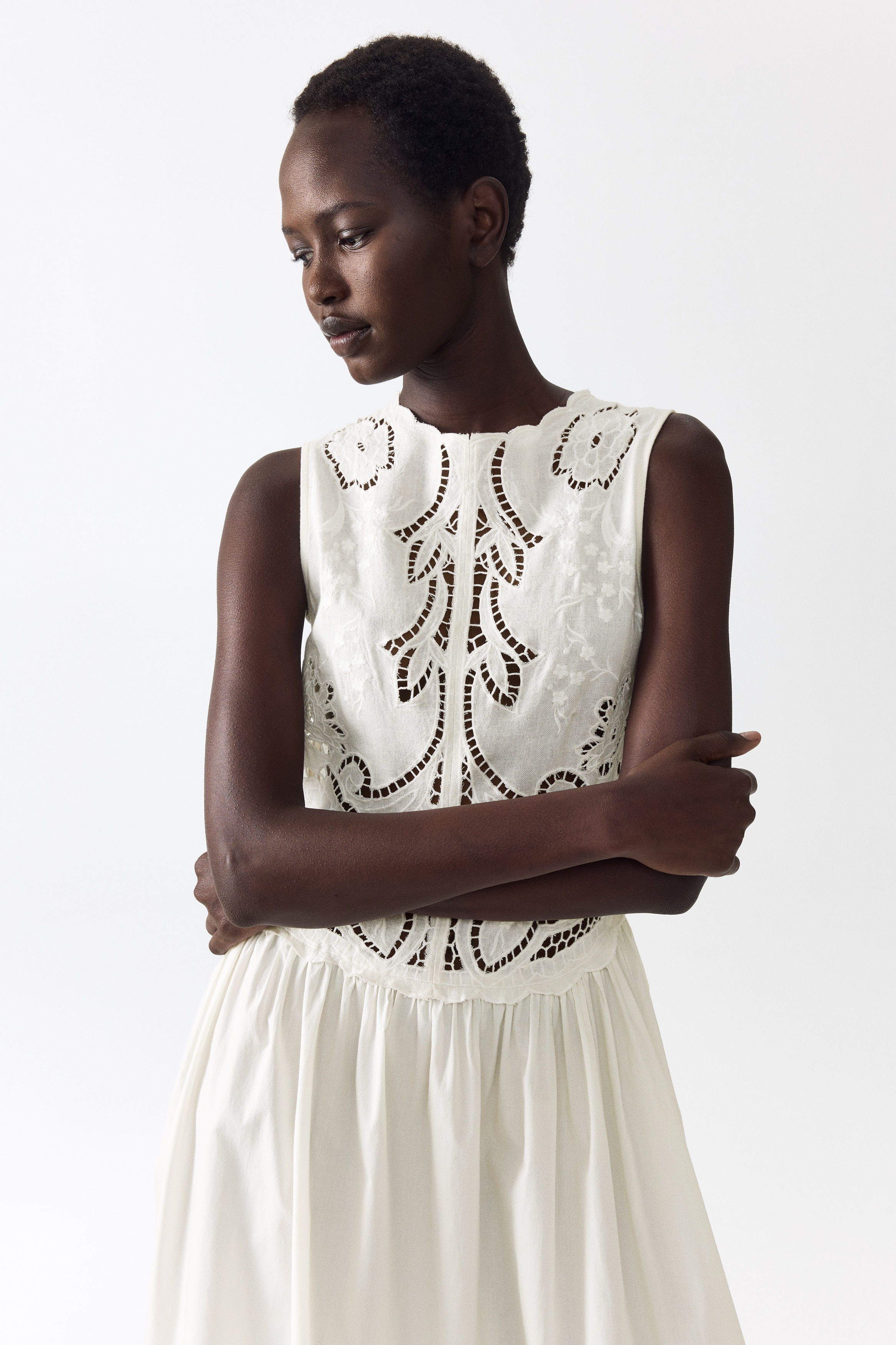 Linen-Blend Dress with Embroidery - White