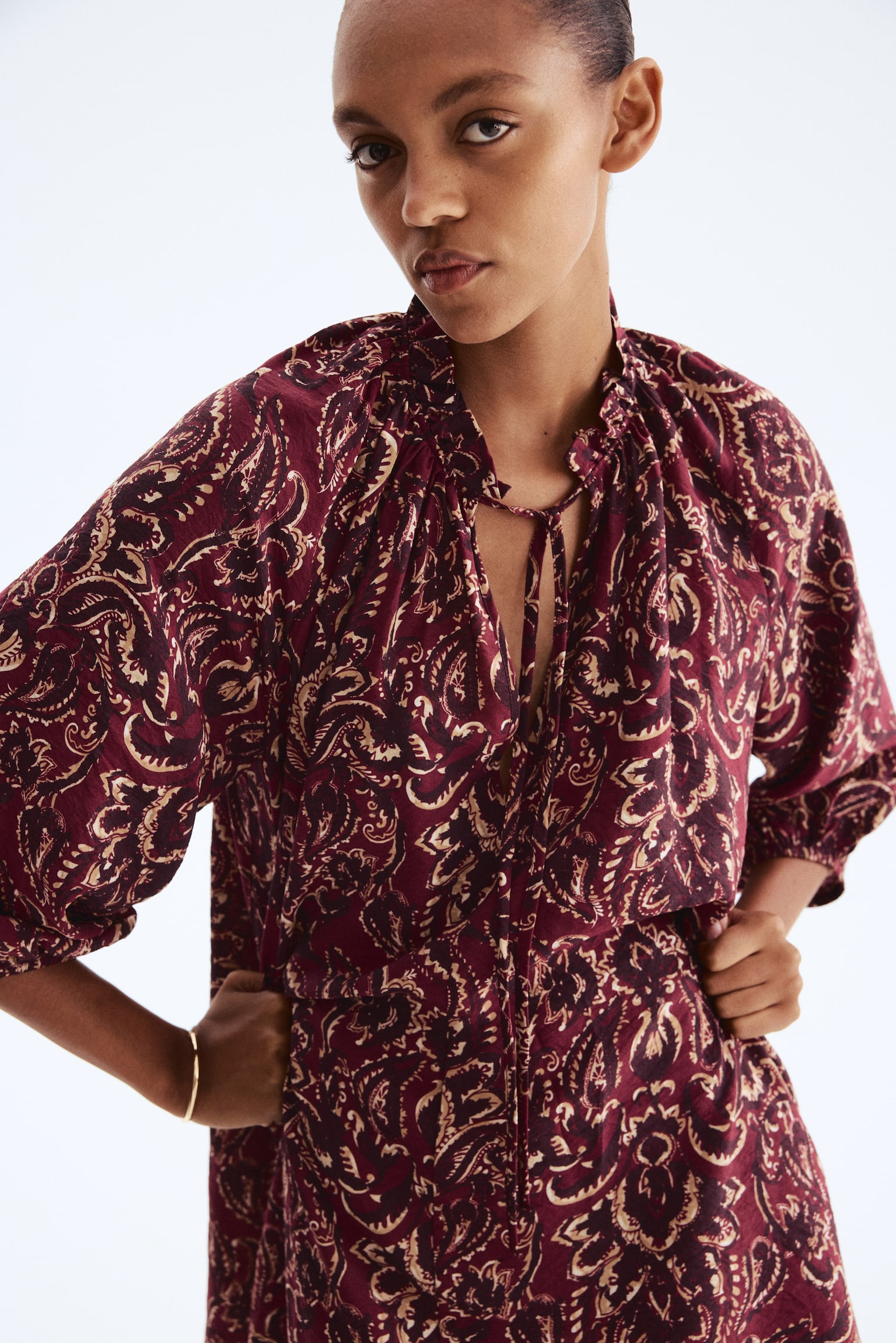 Yakası Fırfırlı Elbise - Bordo/Şal desenli/Koyu mavi/Şal desenli/Bej/Leopar desenli - 3