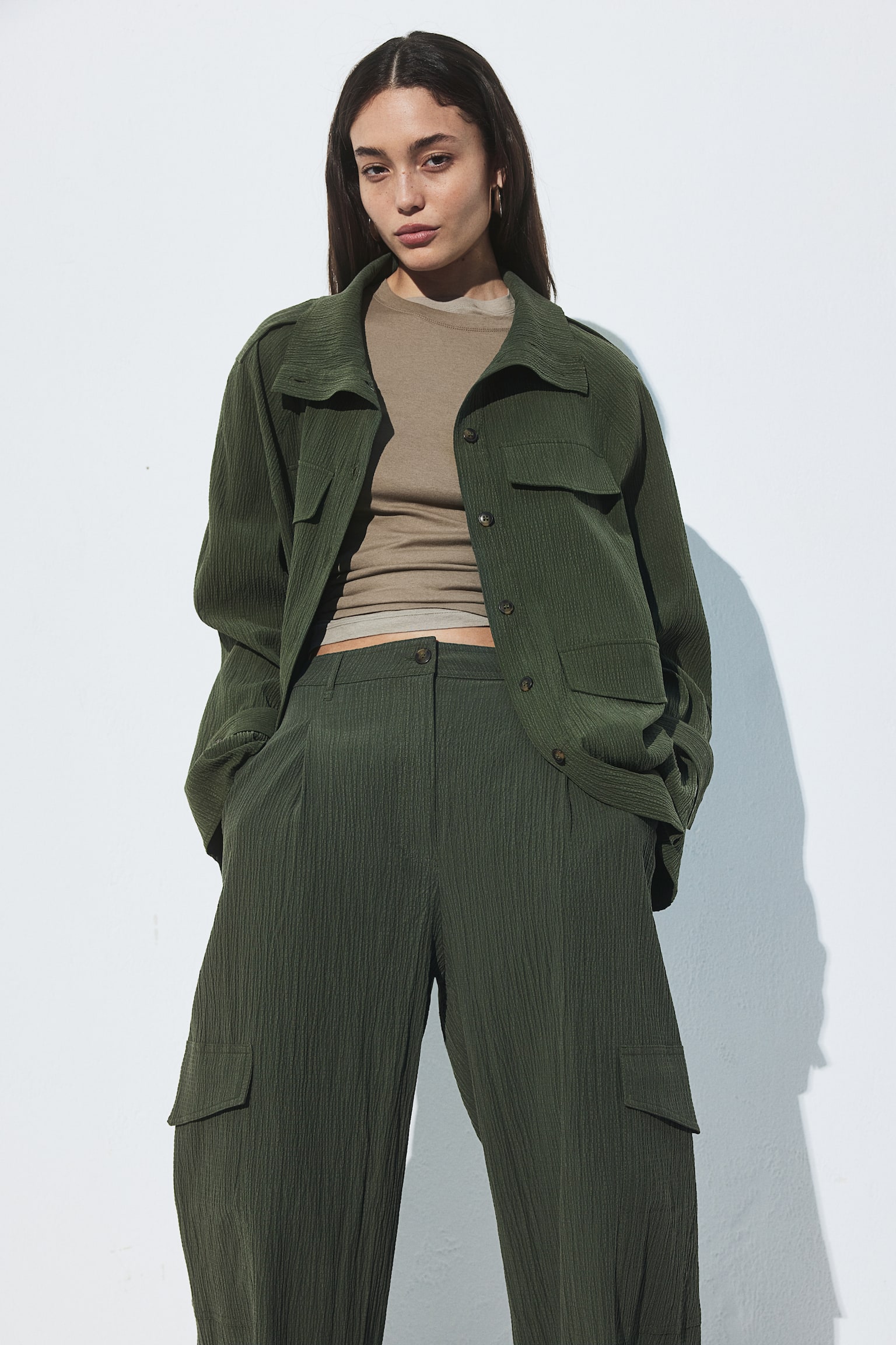 Textured-weave cargo trousers - Dark green - 4