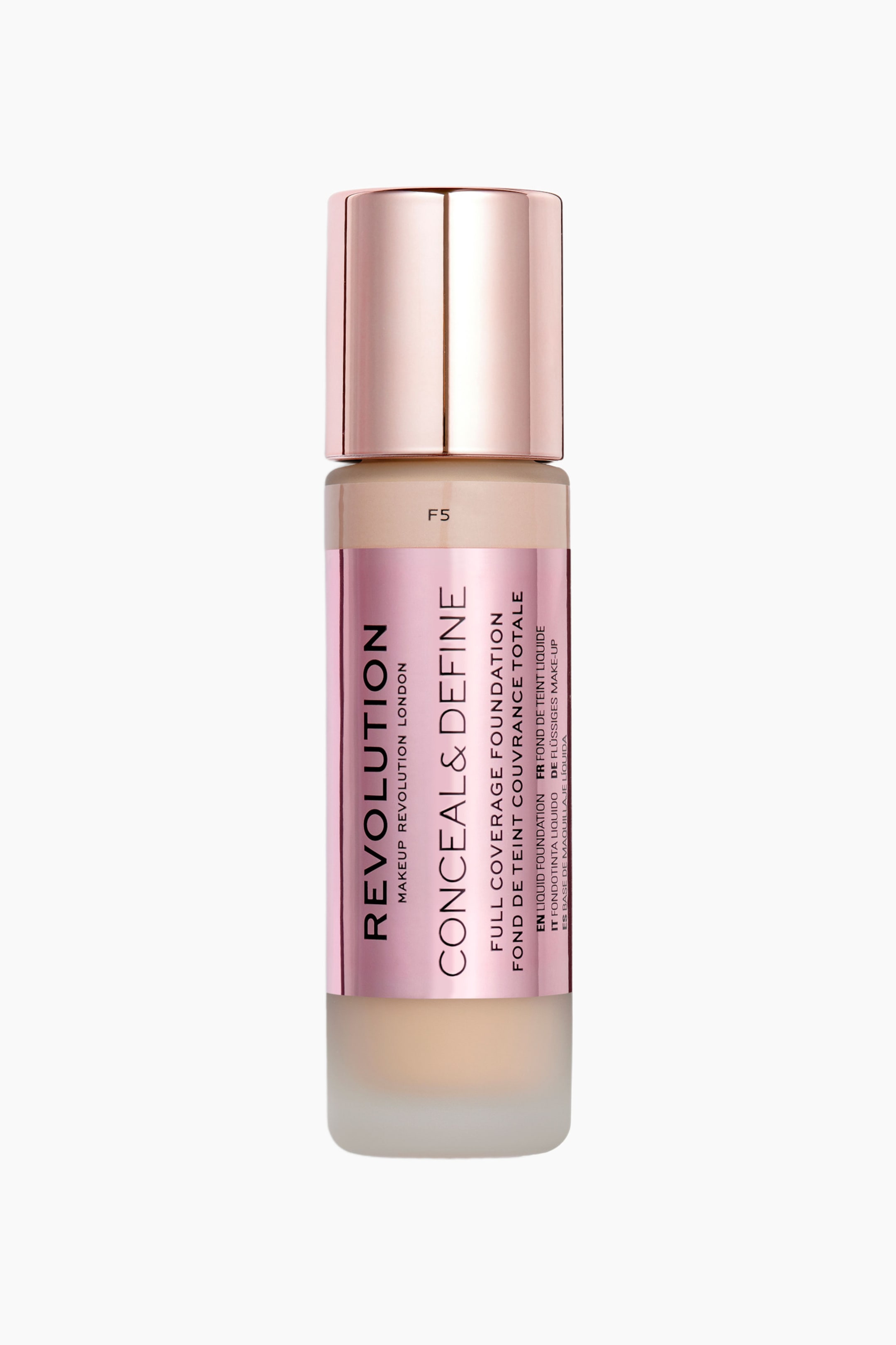 Se større billede: Conceal & Define Foundation står oprejst og vender fremad og præsenterer en cylindrisk, matteret glasflaske med en lys beige væske. Den har en cylindrisk metallisk rosaguldfarvet hætte og en central metallisk lyserød etiket med sort brandingtekst.