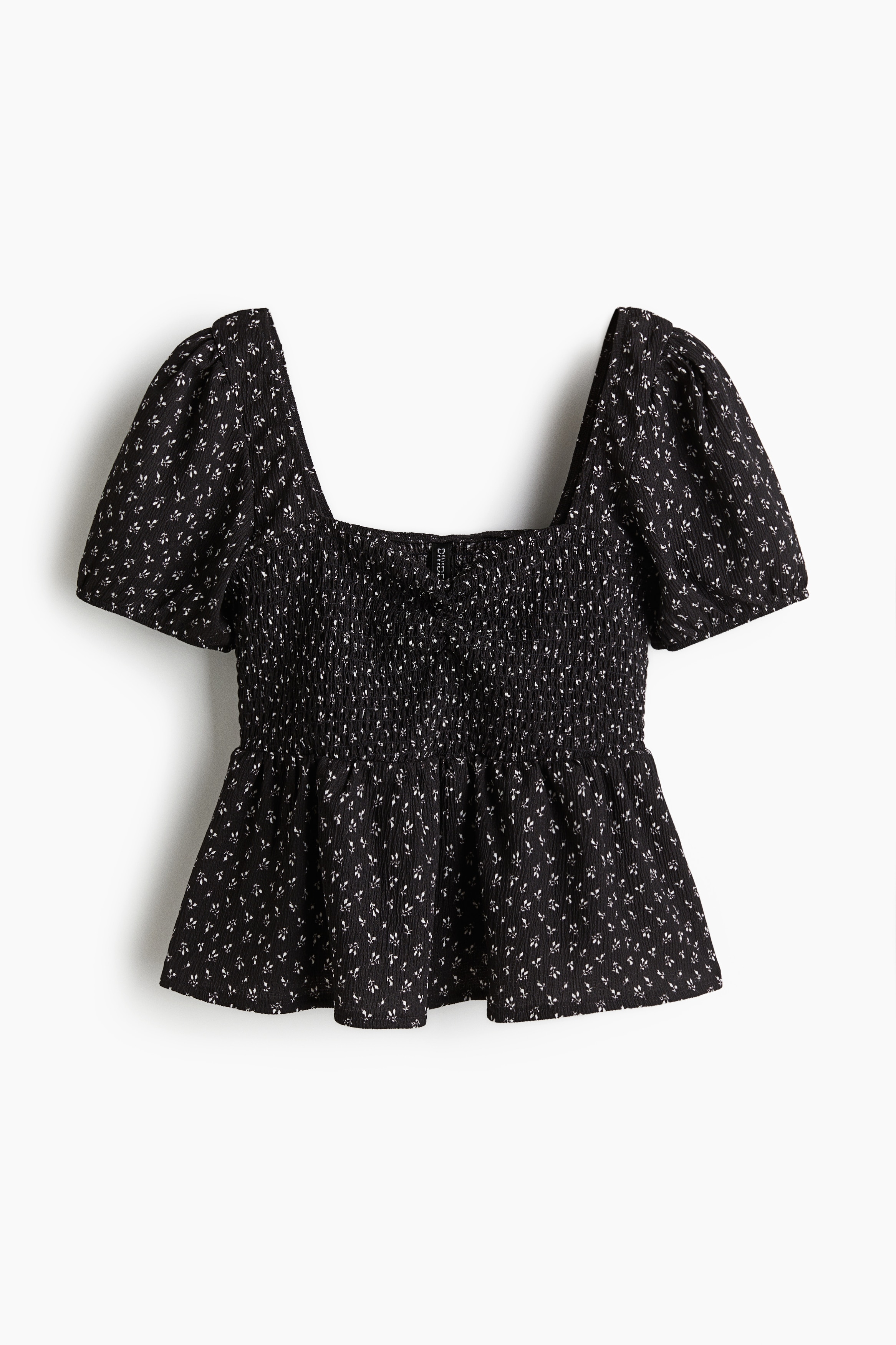 Smocked peplum blouse - Dark grey/Floral/Blue/White checked/White