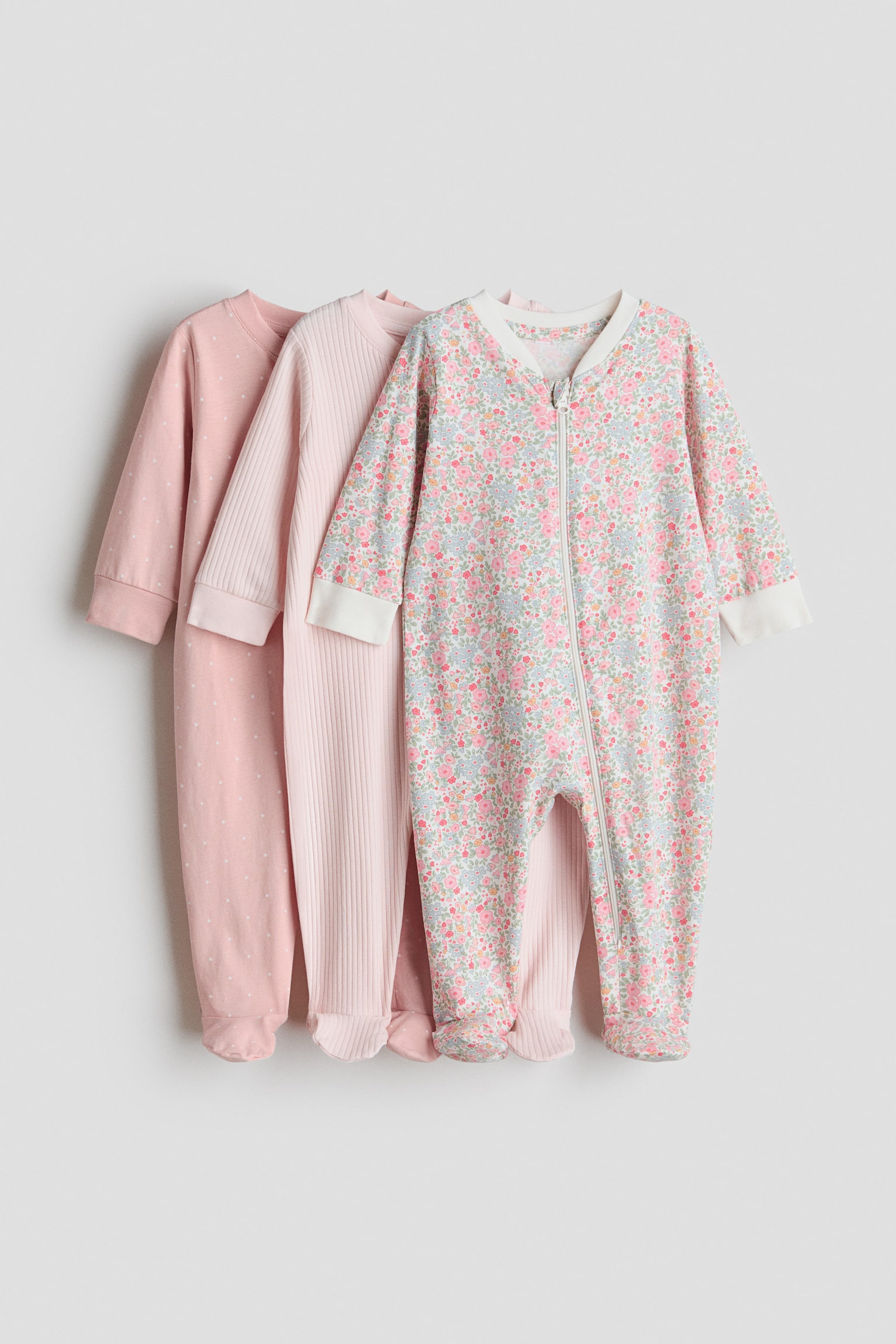 3-pack zip-up sleepsuits-Dusty pink/Floral - 1
